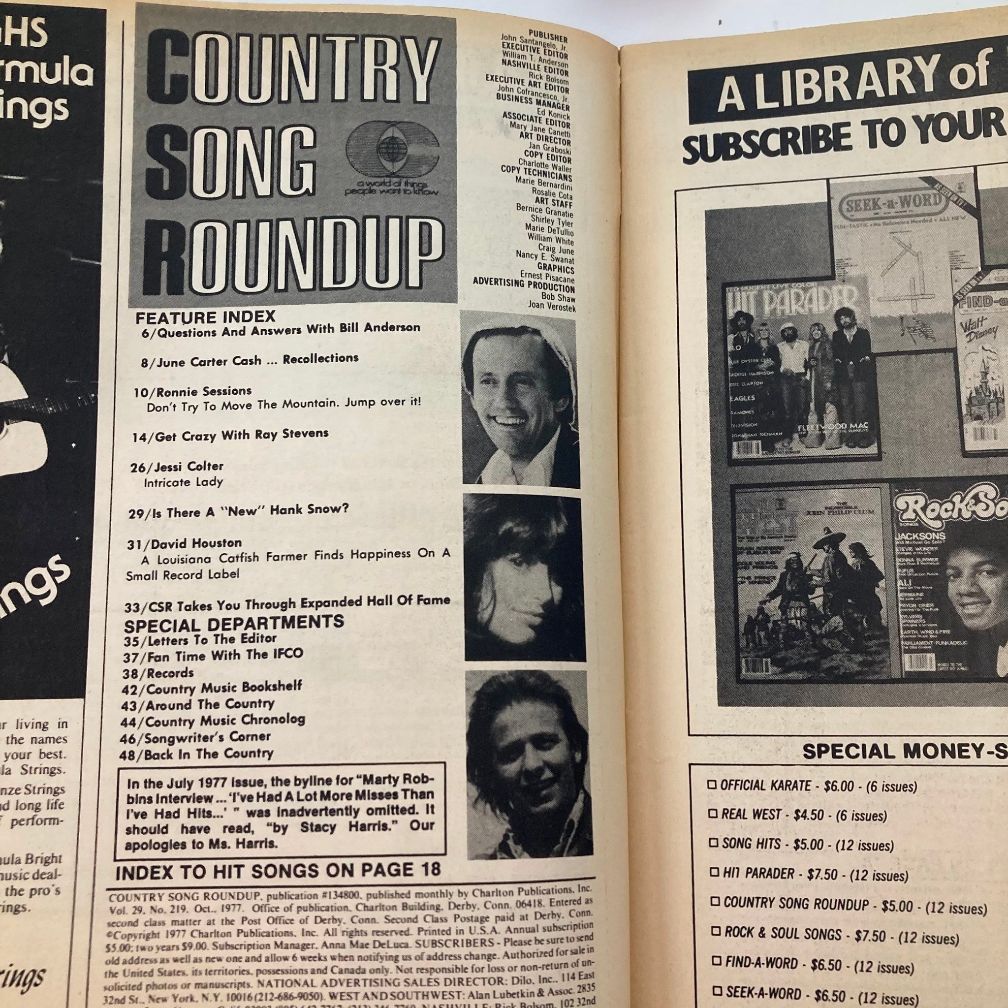 Interior page of VTG Country Song Roundup Magazine October 1977 displaying the feature index with artists such as Ray Stevens and Bill Anderson.