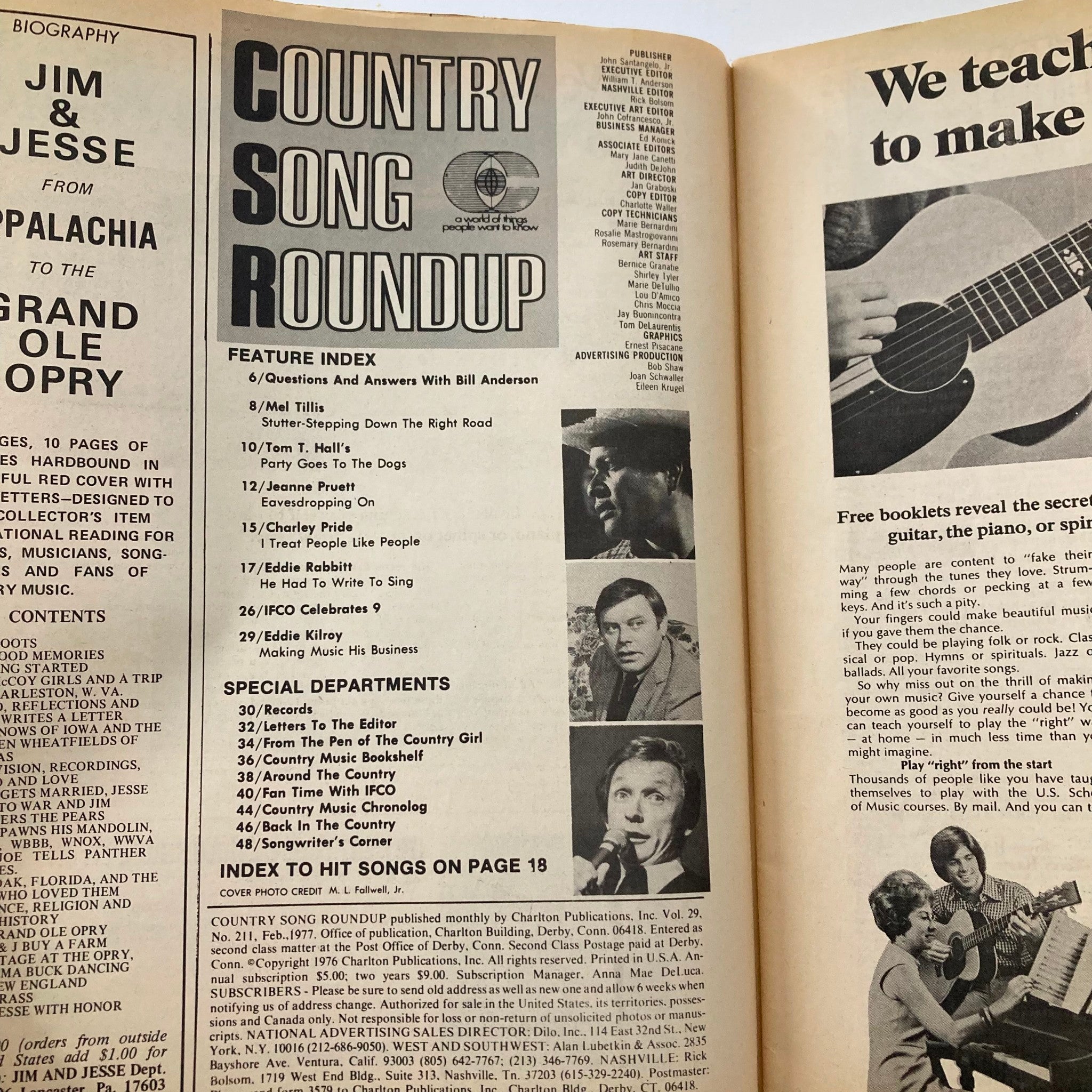 Interior page of the Country Song Roundup Magazine February 1977 showing the feature index including articles on Charley Pride and Jeanne Pruett, highlighting key topics and artists from the era.