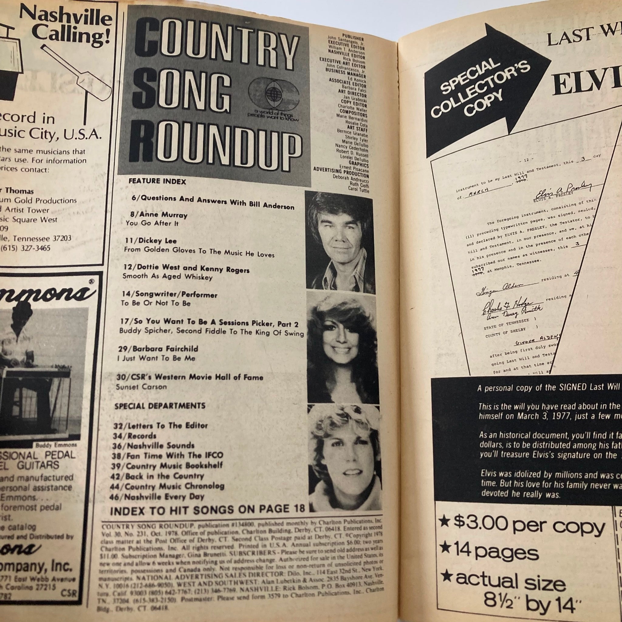 Inside page of Country Song Roundup Magazine October 1978 featuring the contents and features index, highlighting artists like Dottie West and Kenny Rogers.
