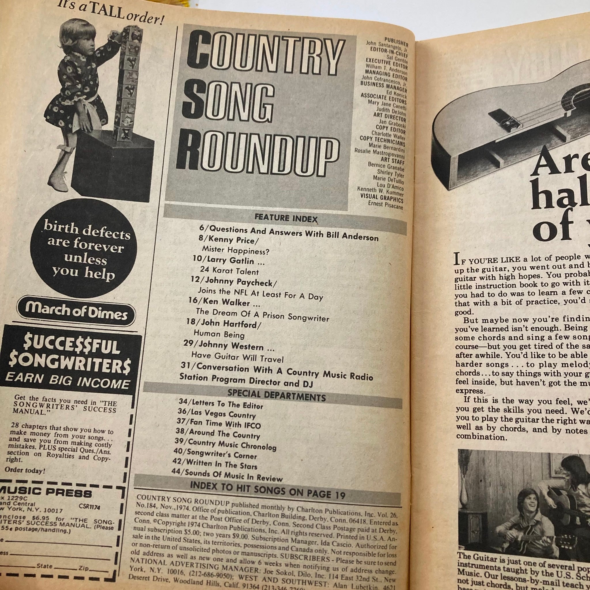 Interior page of VTG Country Song Roundup Magazine November 1974, highlighting the feature index and content including articles on Bill Anderson and Johnny Paycheck.