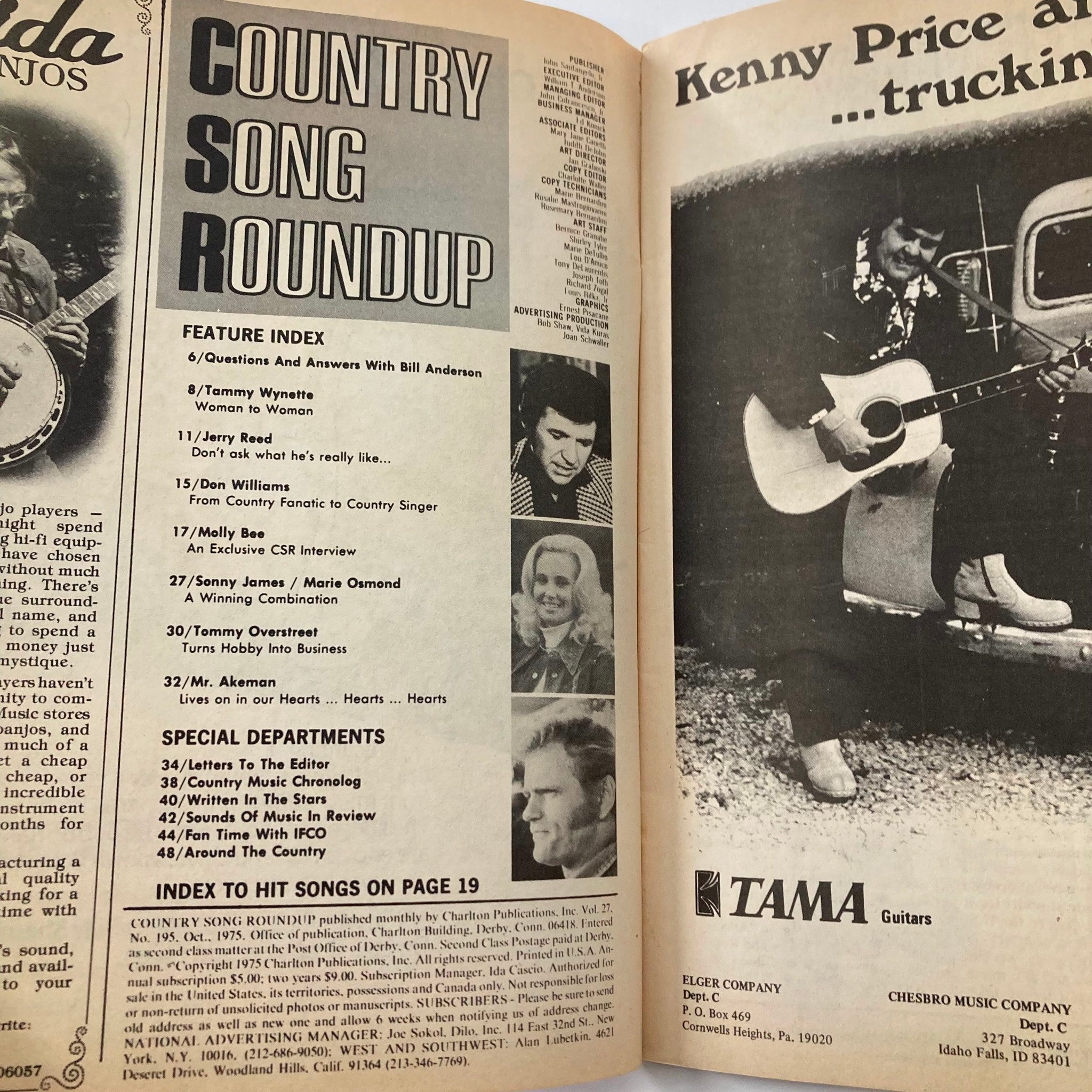 Inside page of the VTG Country Song Roundup Magazine October 1975 displaying the feature index and articles, including Sonny James and Marie Osmond's exclusive interview.