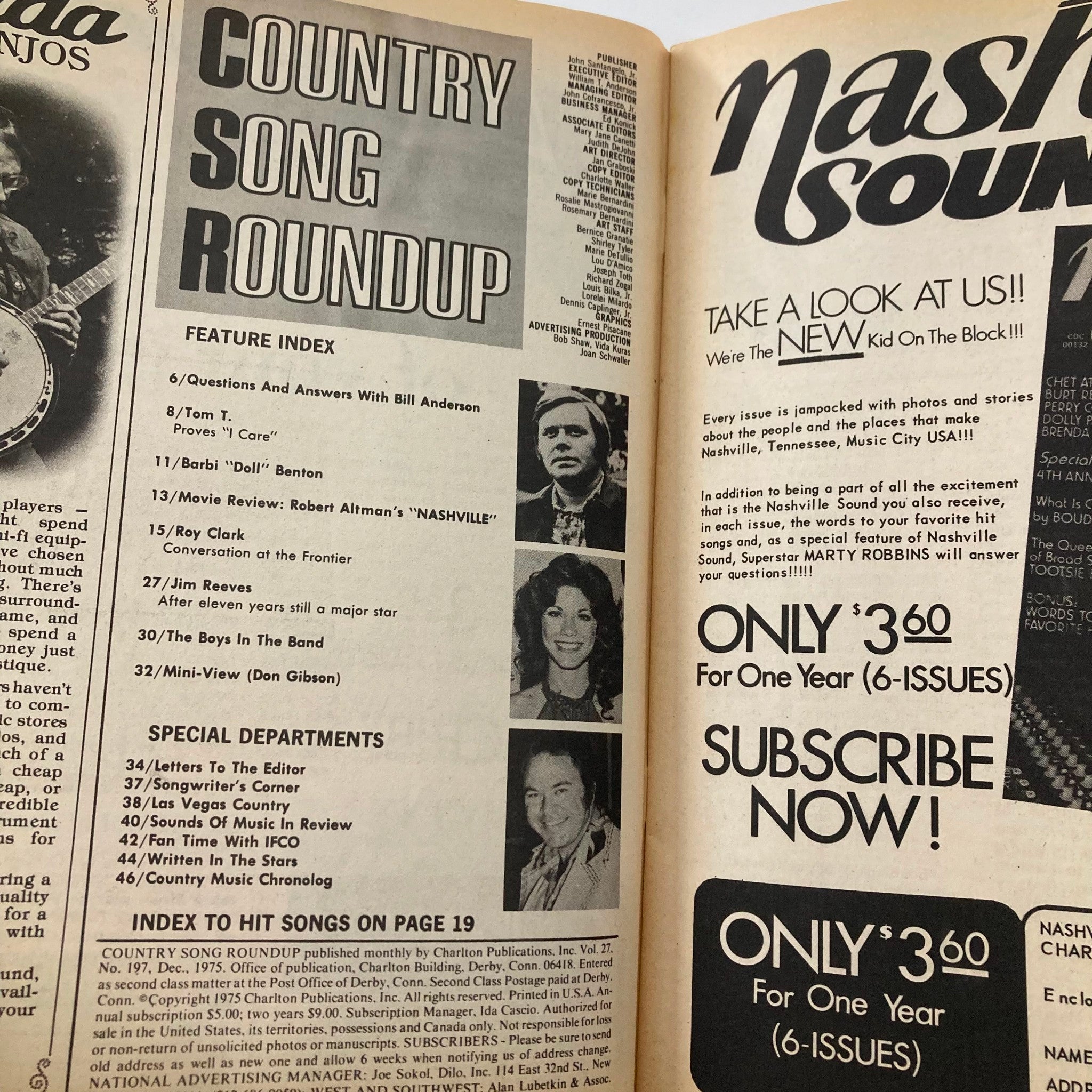 Interior page of the VTG Country Song Roundup Magazine December 1975 featuring an index and articles including Roy Clark and Jim Reeves. Perfect for vintage magazine collectors and country music enthusiasts.