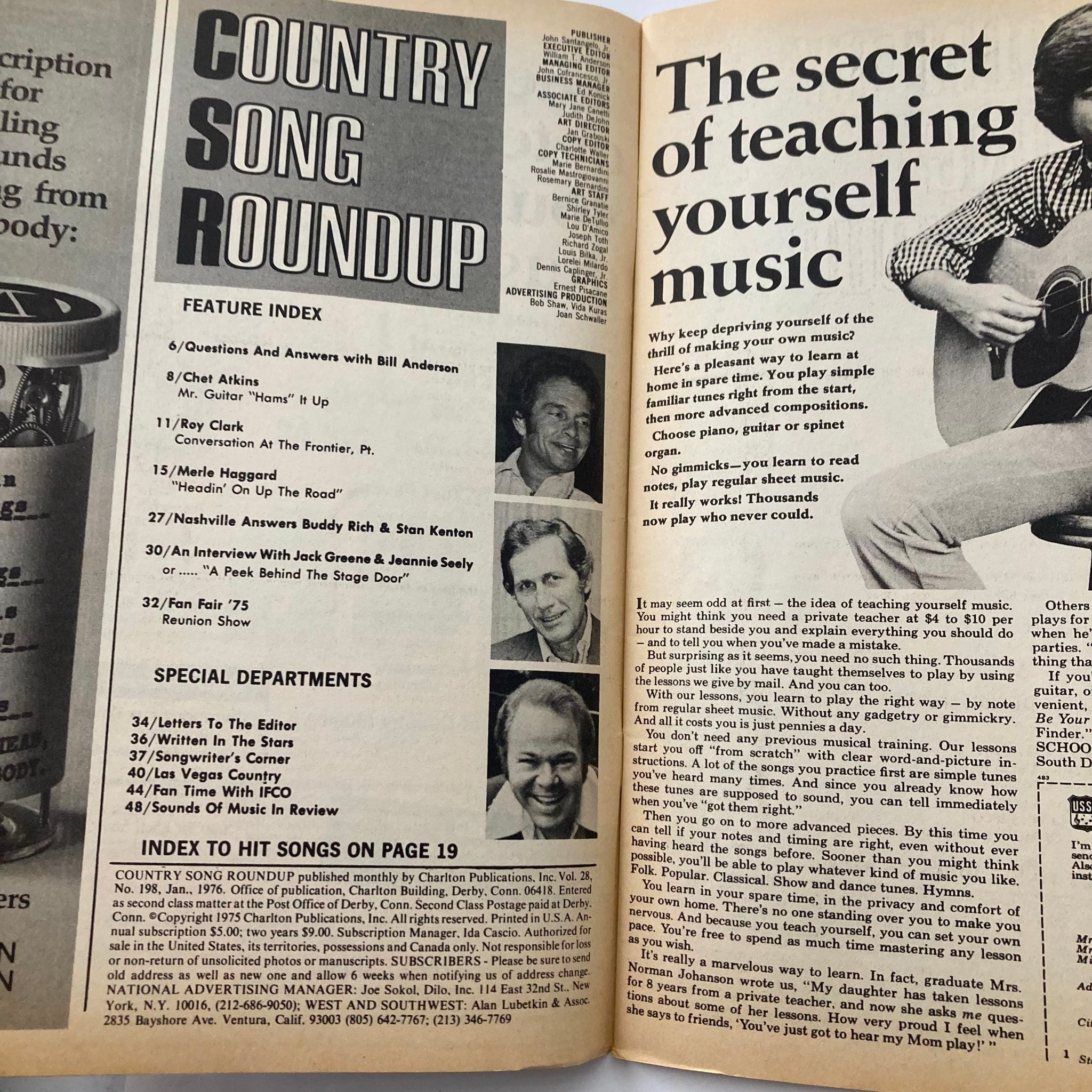 Interior page of Vintage Country Song Roundup Magazine January 1976, featuring an article on teaching music and an index of featured artists.