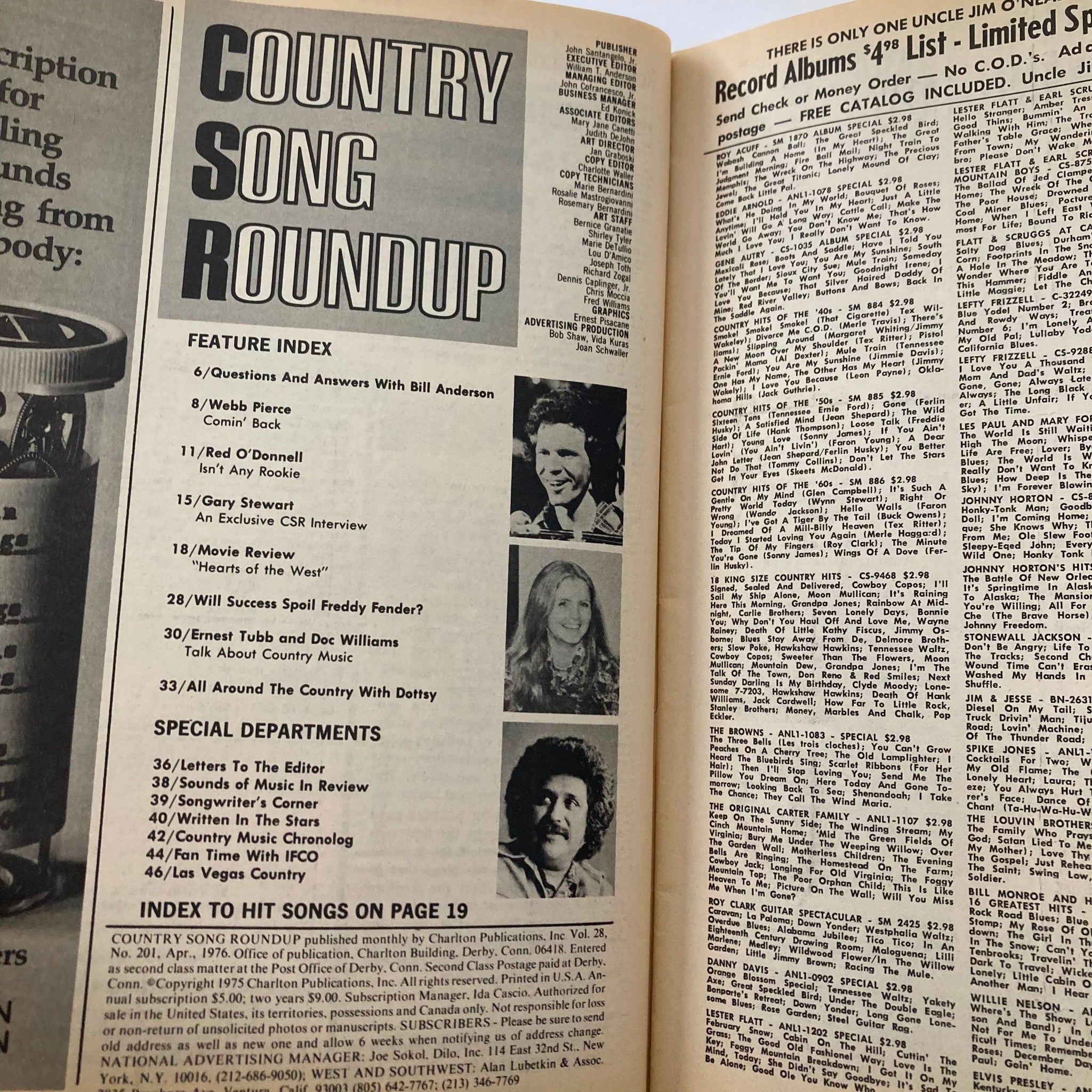 Inside page of VTG Country Song Roundup Magazine, April 1976 showcasing the feature index including Gary Stewart interview, articles on Webb Pierce and music reviews. Highlights the magazine's content focus.