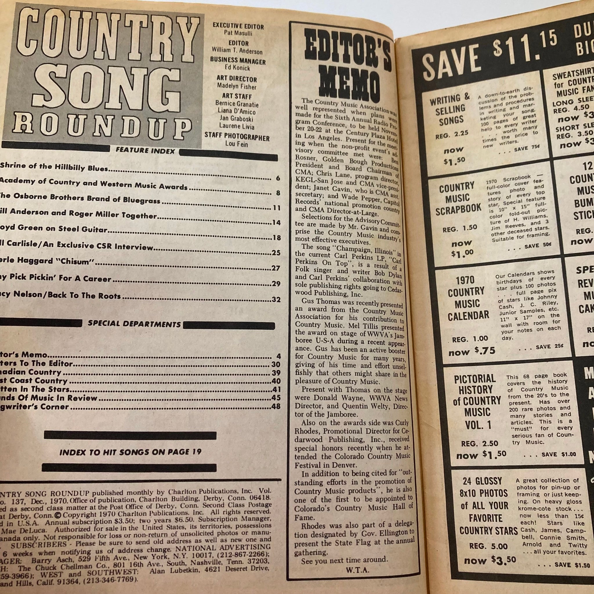 Interior page of the Country Song Roundup Magazine December 1970, featuring the editor's memo and a feature index highlighting contributions to country music.