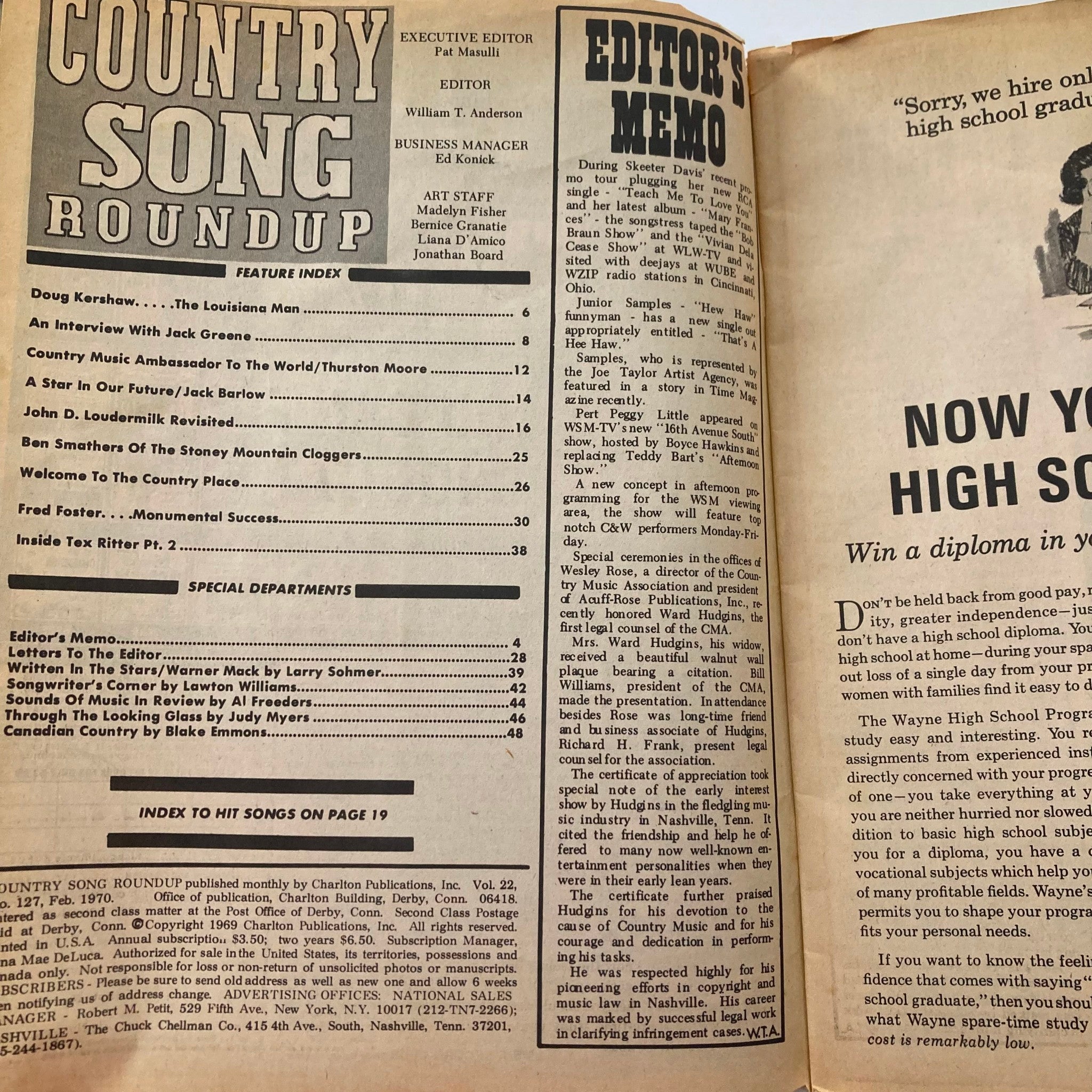 Interior page of VTG Country Song Roundup Magazine February 1970, including the editor's memo and feature index, emphasizing the magazine's content on country music culture and artist interviews.