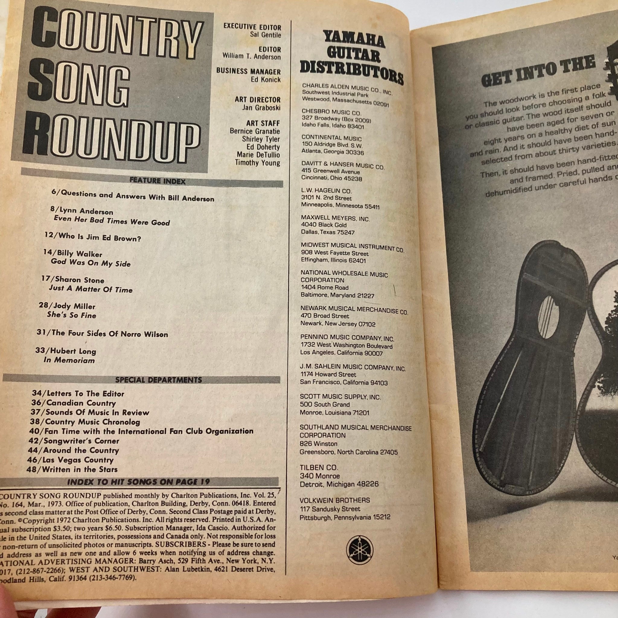 Inside page of VTG Country Song Roundup Magazine March 1973, showcasing the feature index with articles about Lynn Anderson, Bill Anderson, and other country music artists of the era.