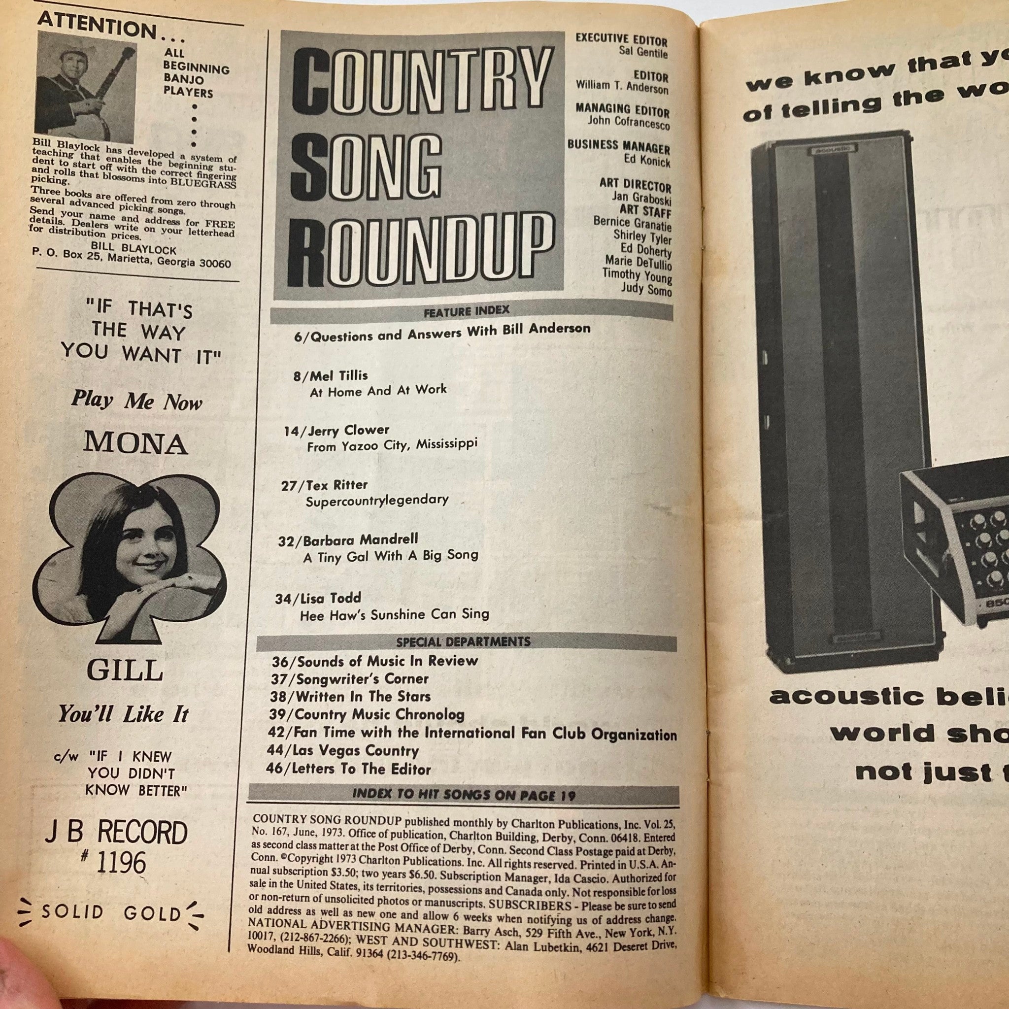 Interior page of VTG Country Song Roundup Magazine June 1973 displaying feature index including Mel Tillis and Barbara Mandrell articles.
