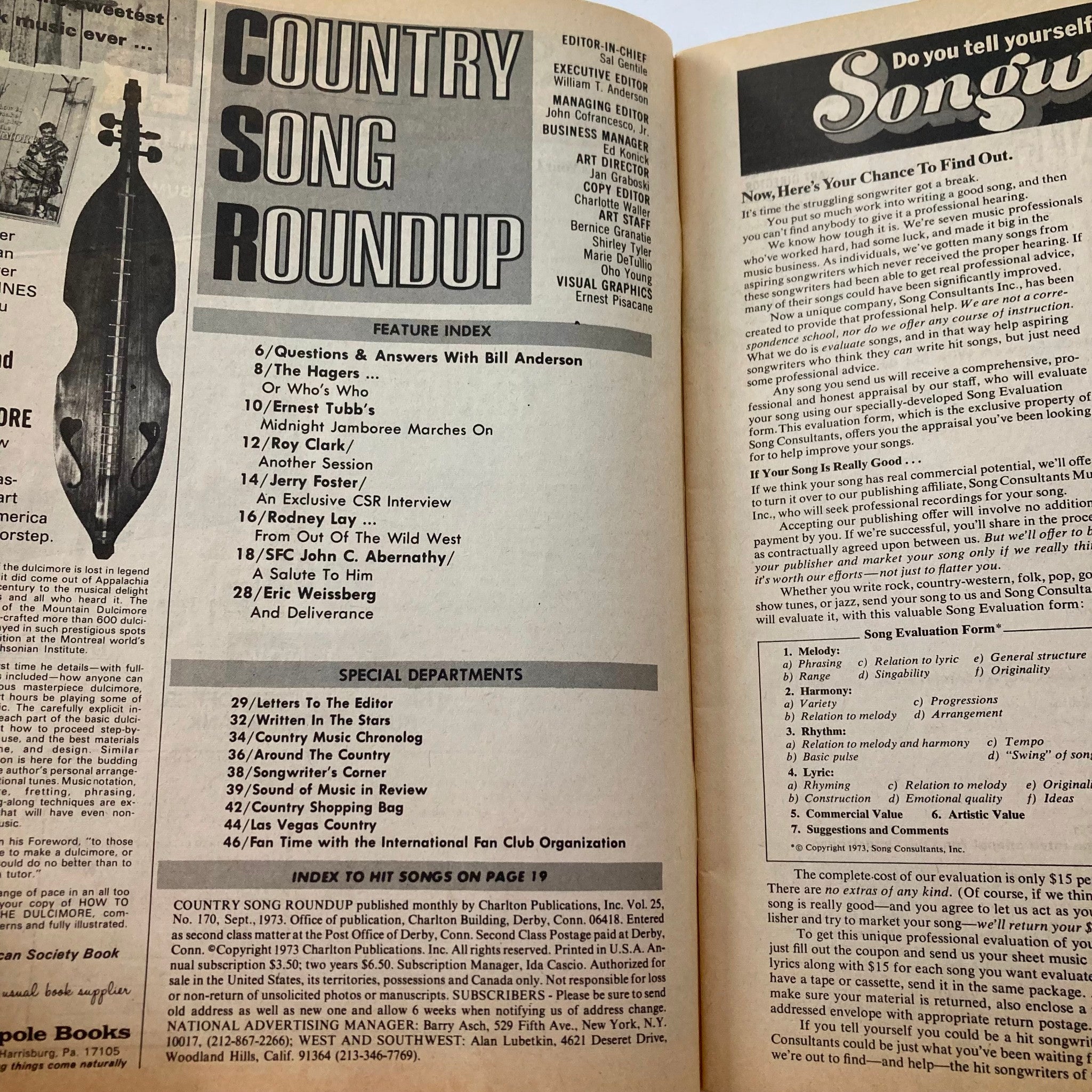 Inside page of the VTG Country Song Roundup Magazine, September 1973, showcasing the feature index and article details, including exclusive content related to Roy Clark.