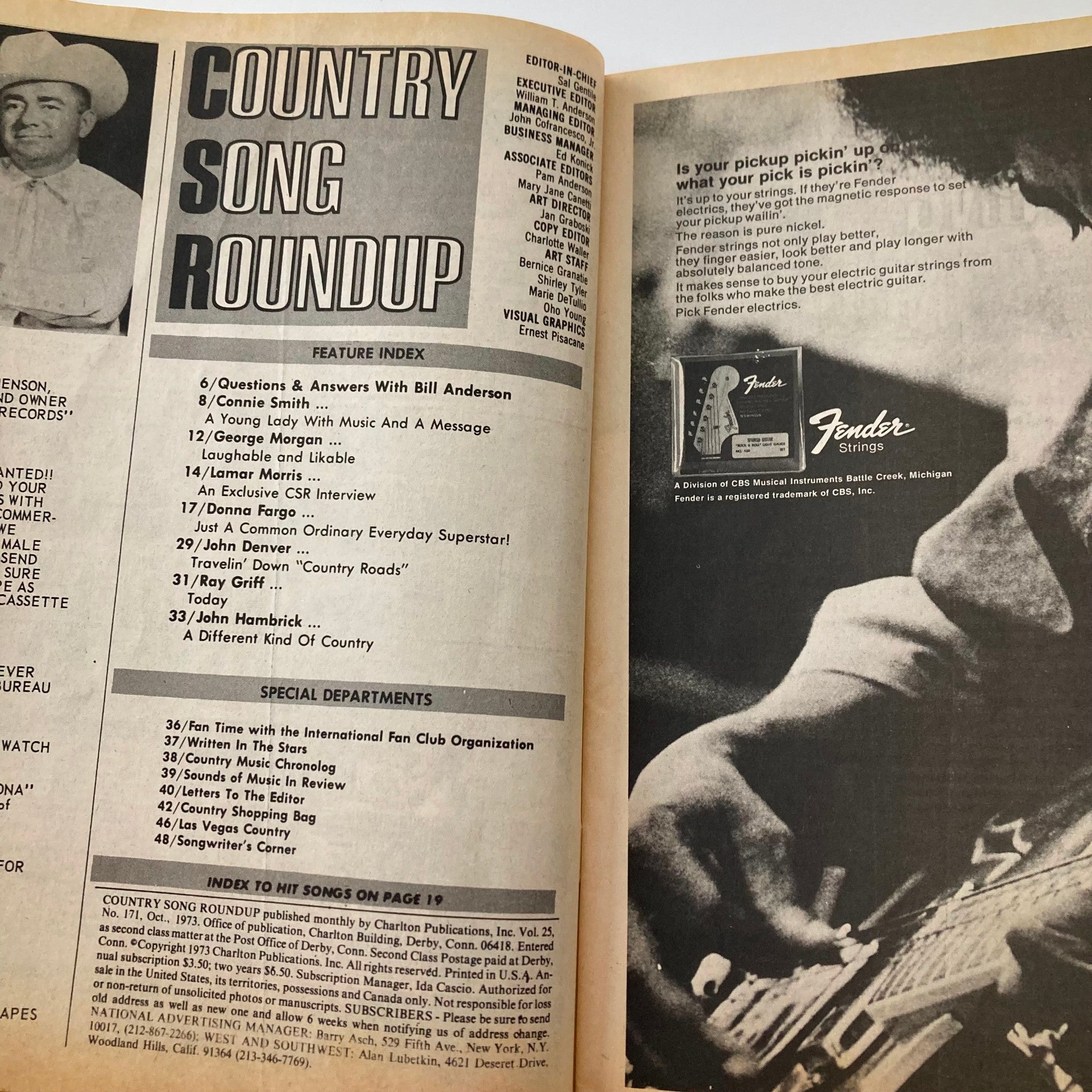 Inside page of VTG Country Song Roundup Magazine October 1973, displaying the feature index and advertisements, highlighting articles on country music artists like Donna Fargo and John Denver.