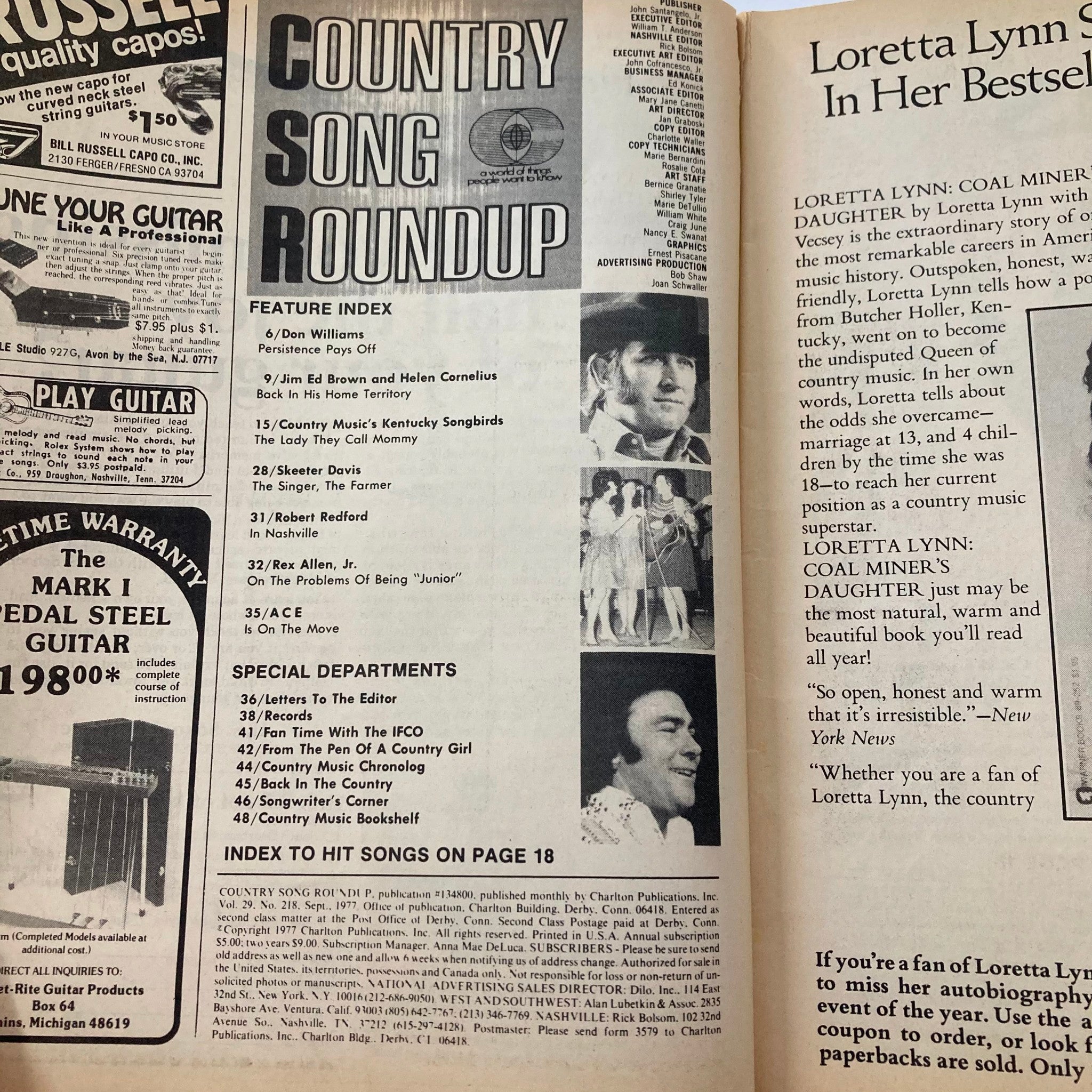 Cover and feature index of the VTG Country Song Roundup Magazine from September 1977, showcasing Kentucky's Clary Butcher, with articles highlighting significant country music figures and trends of the era.