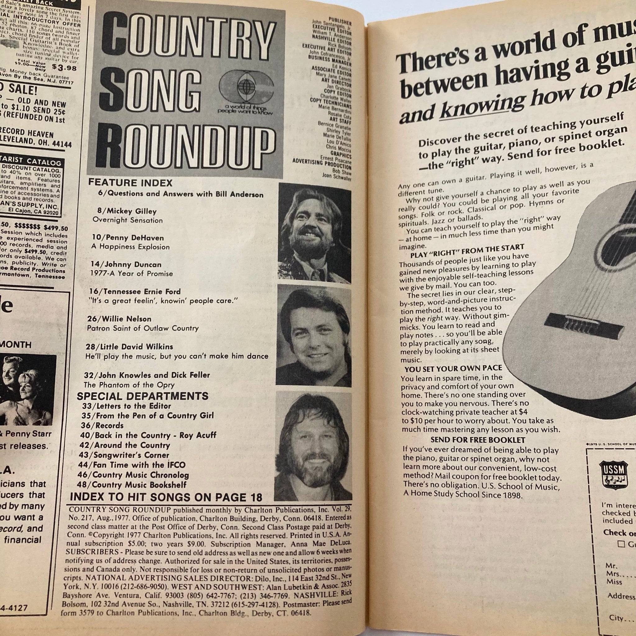 Inside pages of VTG Country Song Roundup Magazine August 1977 showcasing the feature index including artists like Mickey Gilley and Tennessee Ernie Ford.