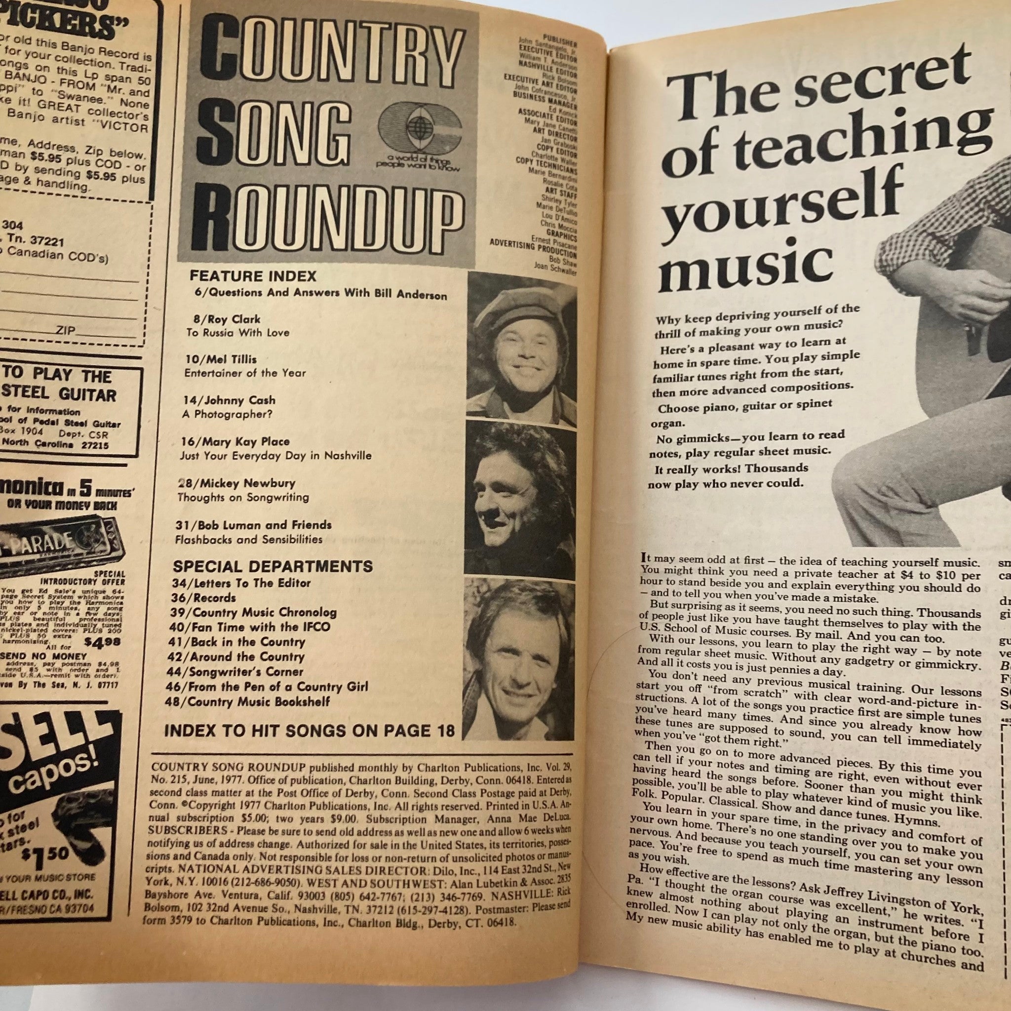 Interior page from VTG Country Song Roundup Magazine June 1977 displaying the feature index and article highlights about Mel Tillis and Johnny Cash.