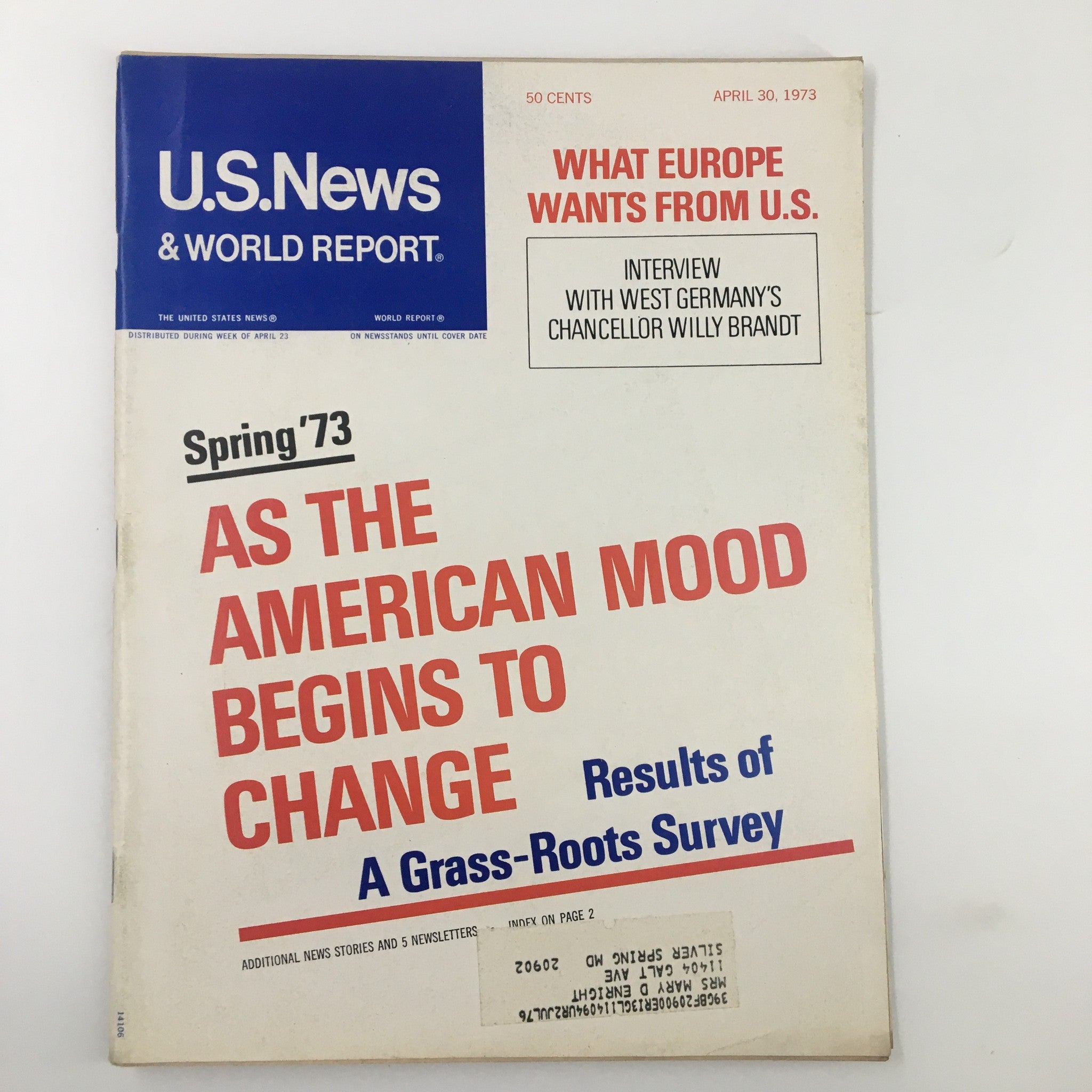 US News & World Report Magazine April 30, 1973 cover featuring the title 'As the American Mood Begins to Change', highlighting themes of social and cultural transformation in the early 1970s.