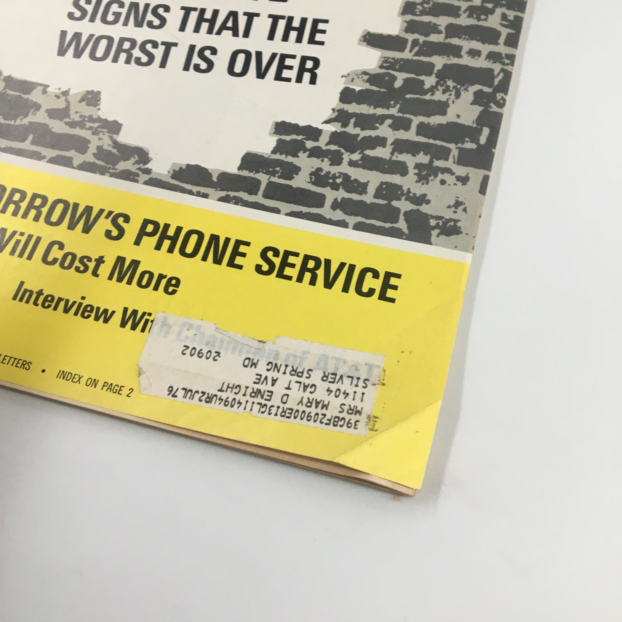 Close-up of the cover of US News & World Report Magazine dated April 9, 1973, highlighting the title 'Crime - Signs That the Worst is Over' and a yellow box stating 'Tomorrow's Phone Service.' Details of the magazine's condition visible.
