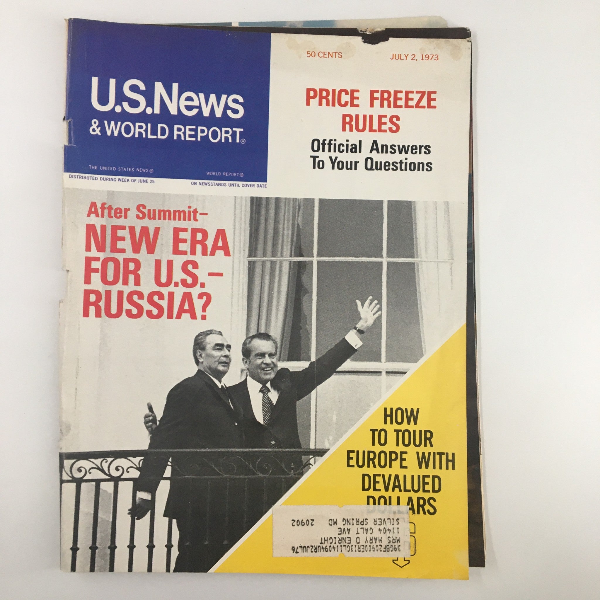 Cover of US News & World Report Magazine dated July 2, 1973, featuring a story on Leonid Brezhnev and Richard Nixon, highlighting U.S.-Russia relations.