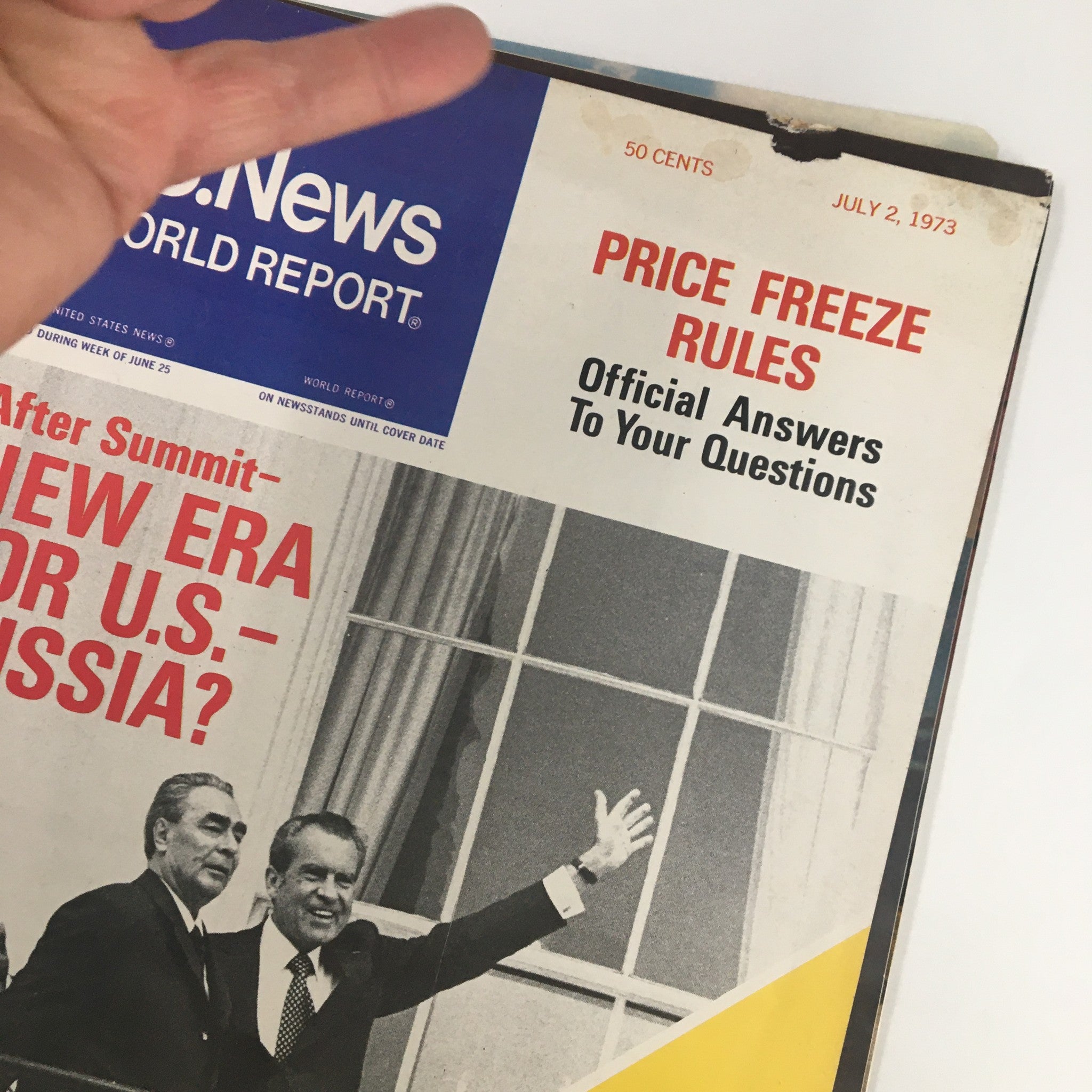 Close-up of the US News & World Report Magazine cover from July 2, 1973, showing Leonid Brezhnev and Richard Nixon, with text about U.S.-Russia relations.