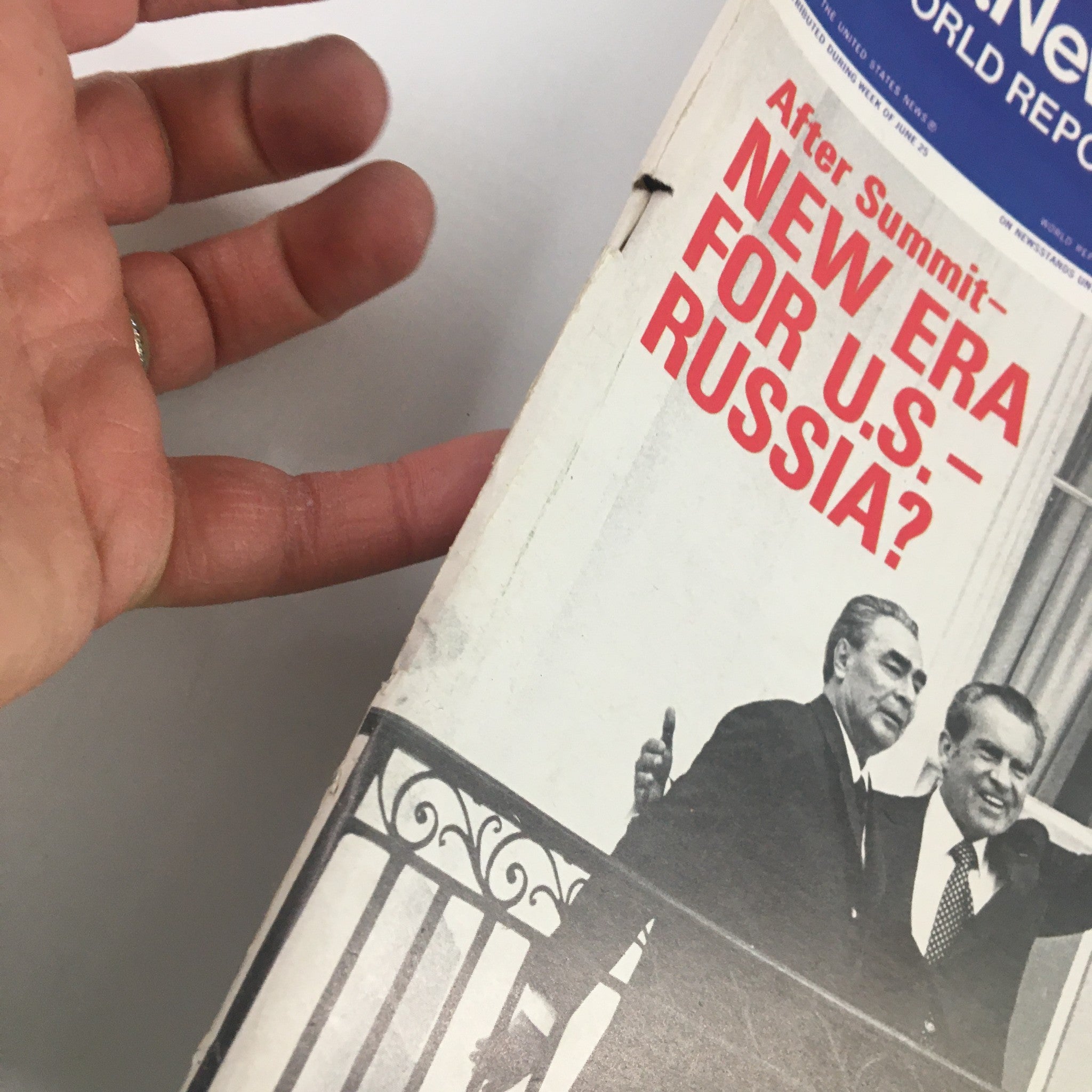 Side view of US News & World Report Magazine from July 2, 1973, featuring Leonid Brezhnev and Richard Nixon on the cover, discussing a new era in U.S.-Russia relations.