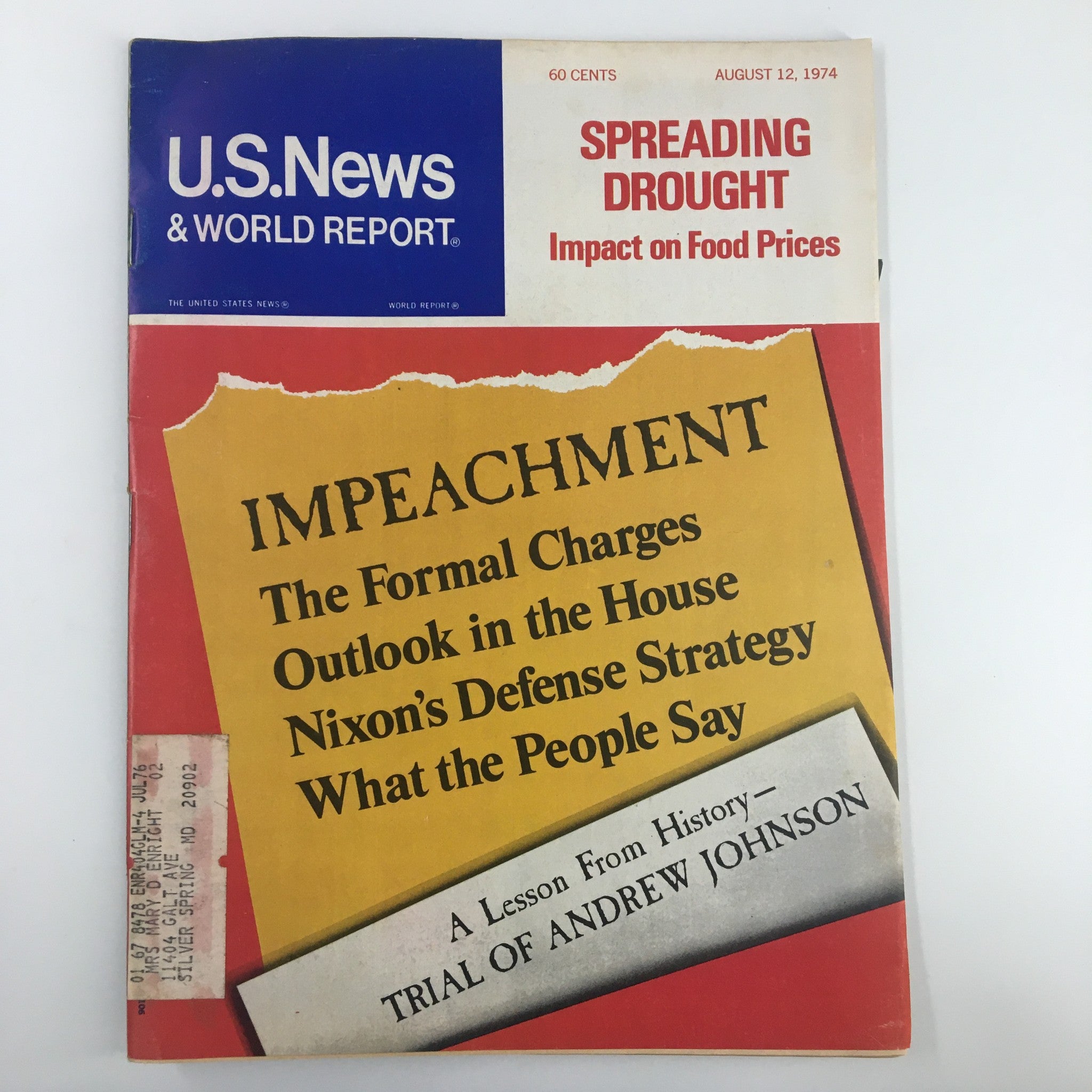 US News & World Report Magazine cover from August 12, 1974, featuring the Impeachment trial of Andrew Johnson, with headlines on formal charges and Nixon's defense strategy, showcasing a pivotal moment in American political history.