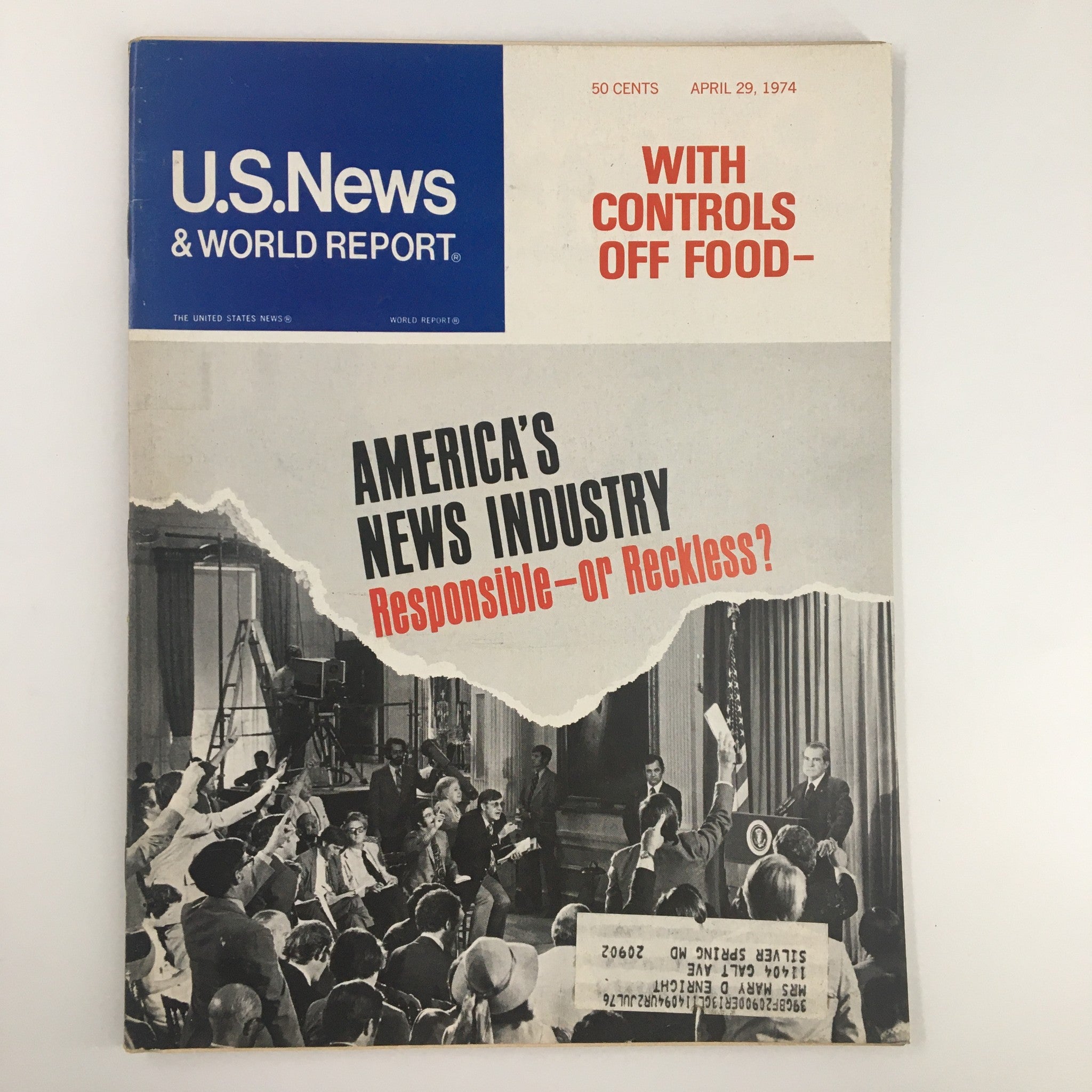 Cover of US News & World Report Magazine from April 29, 1974, featuring the headline 'America's News Industry: Responsible or Reckless?' along with a visual representation of a press conference setting.