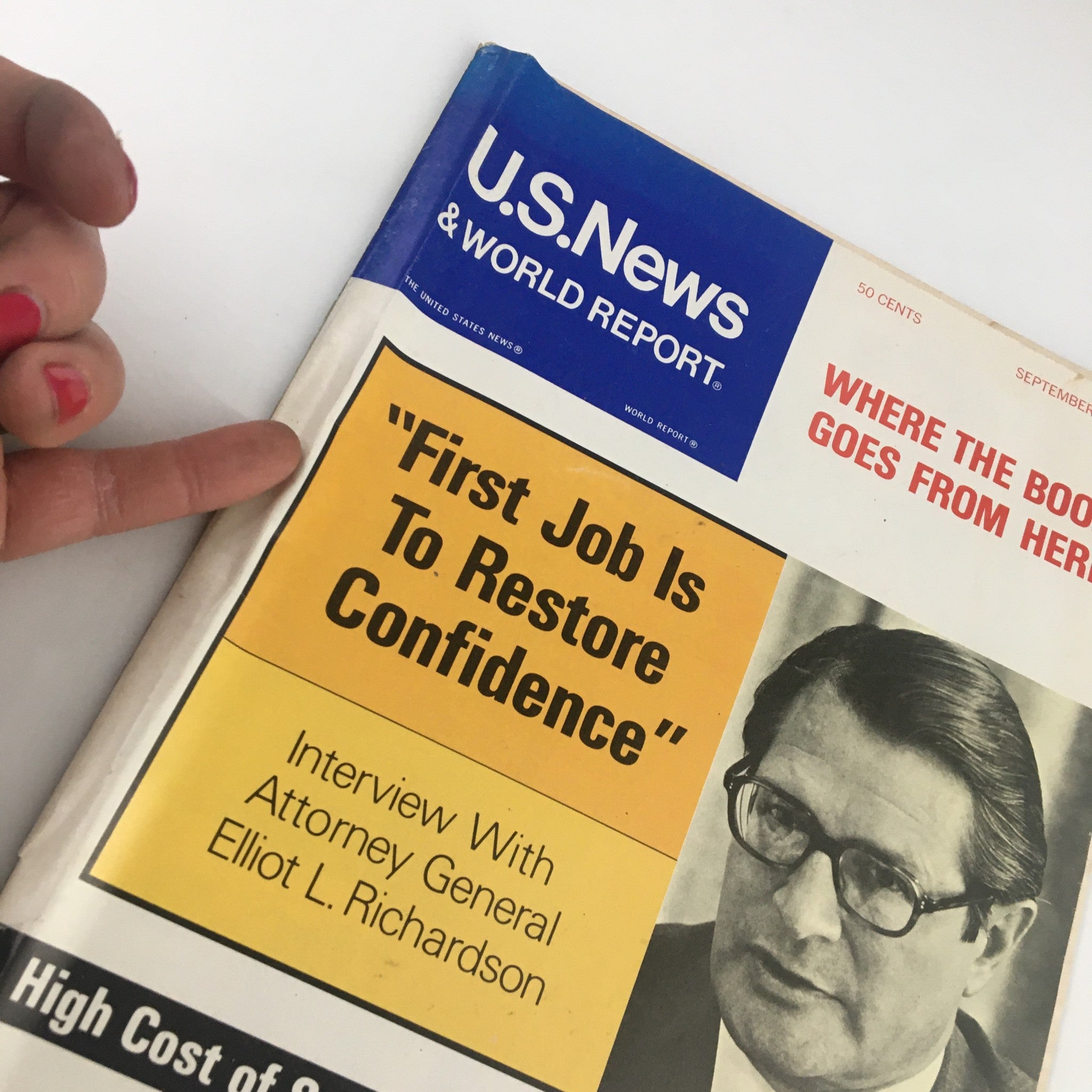 Cover of the US News & World Report Magazine from September 3, 1973, featuring an interview with Attorney General Eliot L. Richardson. The cover includes the quote 'First Job Is To Restore Confidence' in bold, alongside an image of Richardson, highlighting the magazine's cultural significance as a vintage collectible.