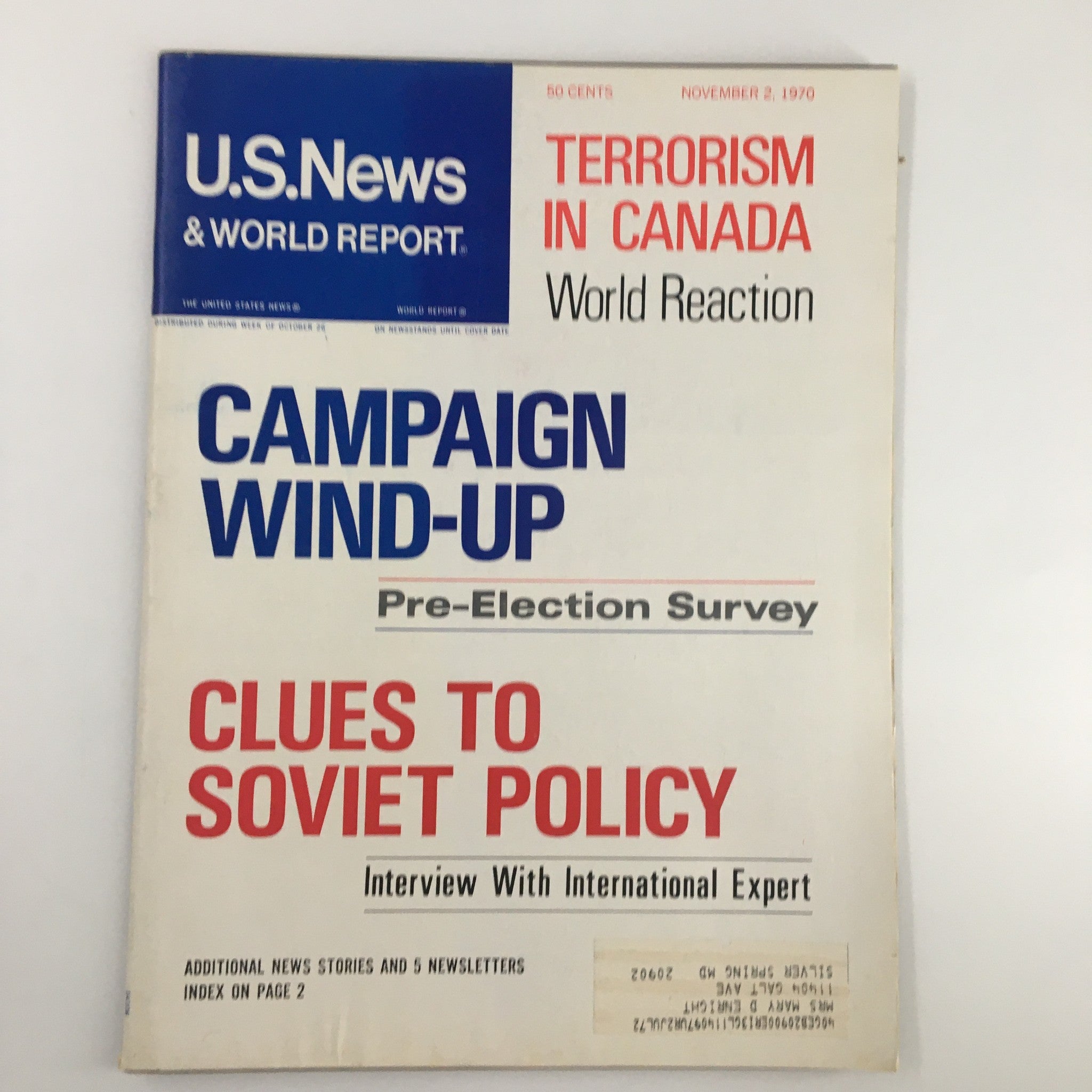Cover of US News & World Report Magazine November 2 1970 featuring the headline 'Clues to Soviet Policy' and topics on terrorism in Canada, pre-election survey, and campaign wind-up.
