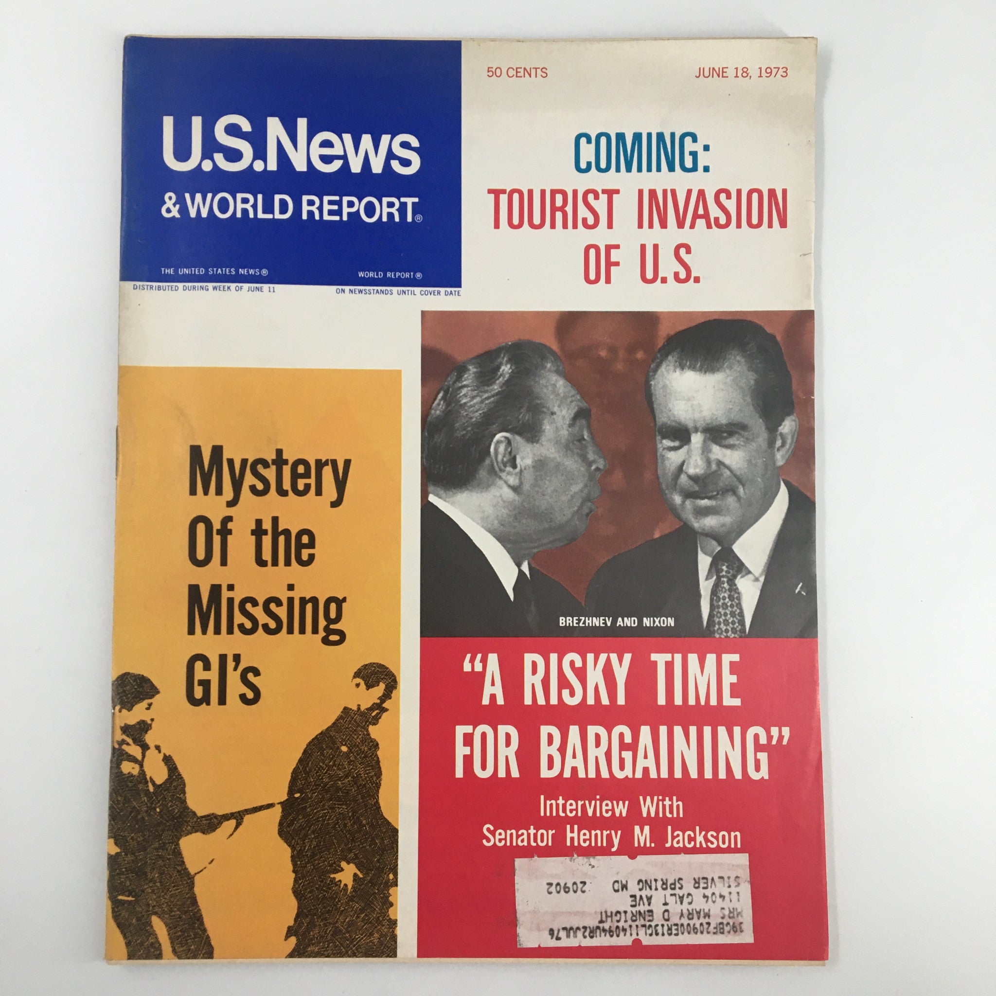 Cover of US News & World Report Magazine from June 18, 1973 featuring Leonid Brezhnev and Richard Nixon, highlighting political themes of the Cold War era.