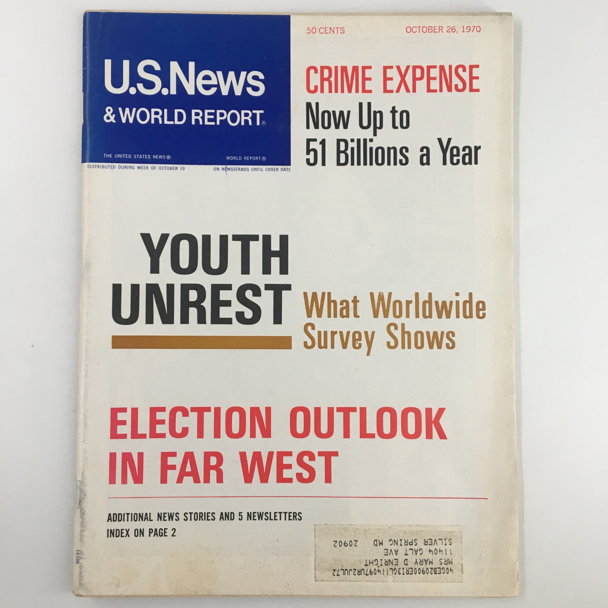 Cover of US News & World Report Magazine from October 26, 1970, featuring the title "Election Outlook in Far West" along with articles on youth unrest and crime expense.