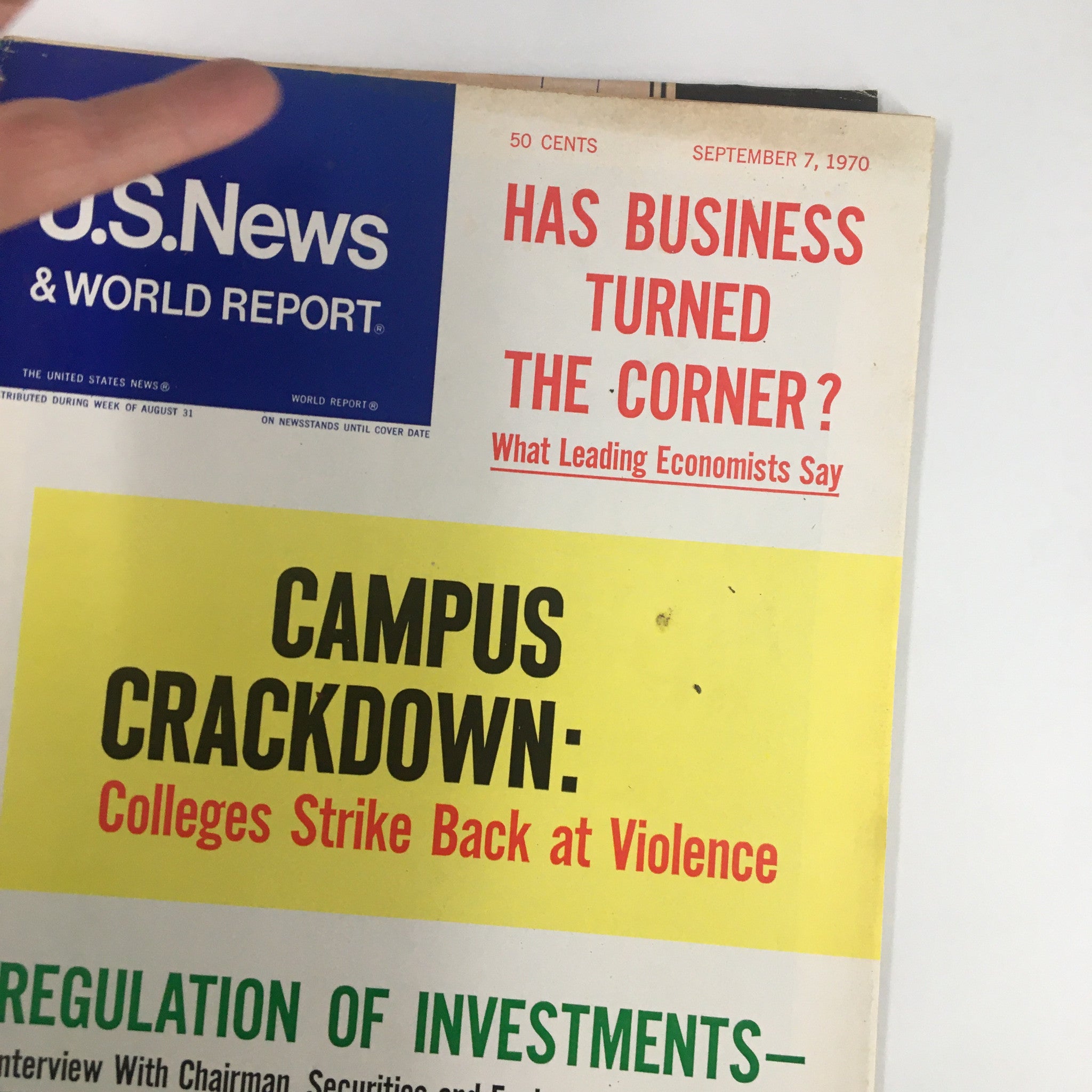 Detailed view of the US News & World Report Magazine cover, September 7, 1970, showcasing the headline on investment regulation as part of the magazine's historical context.