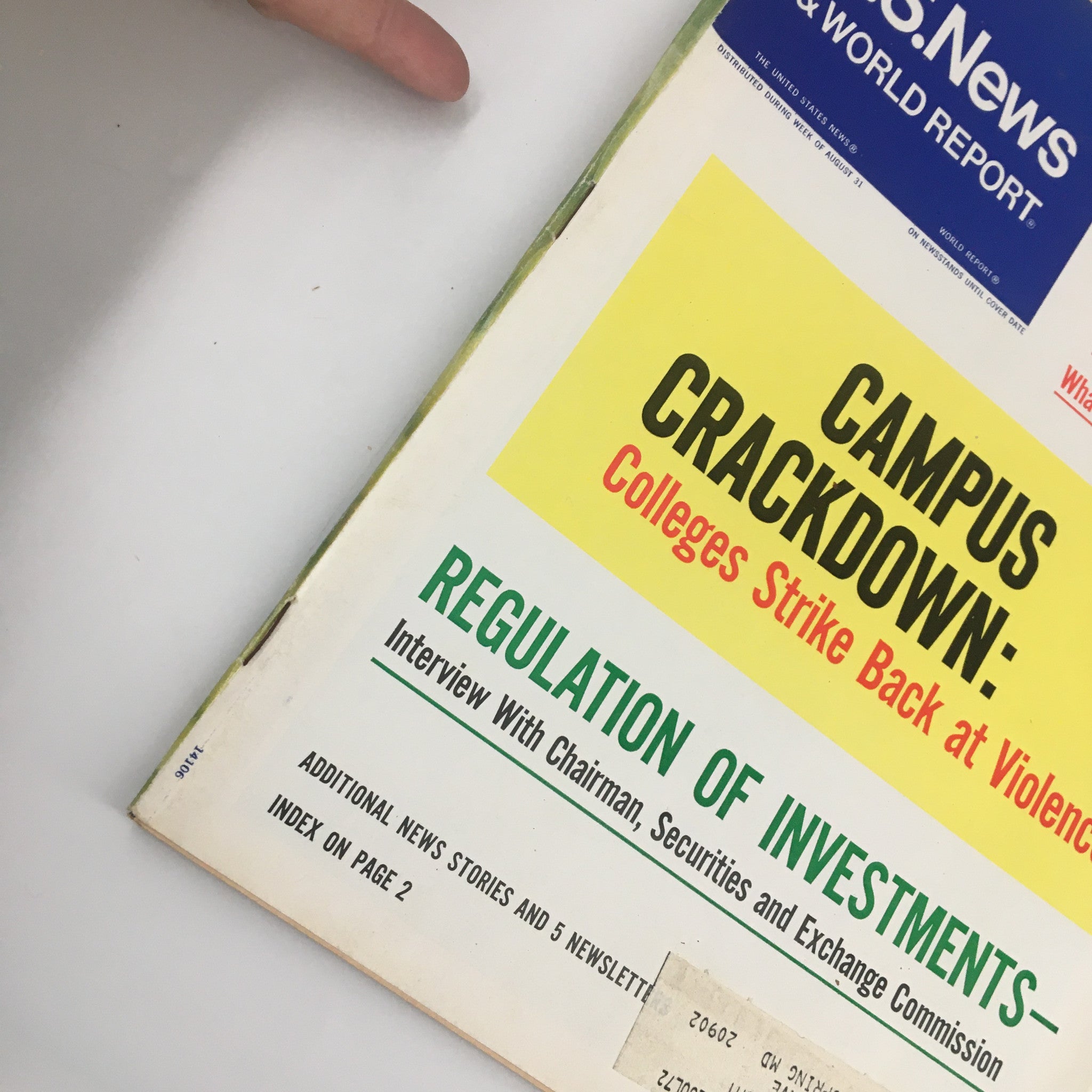 Close-up of the US News & World Report Magazine cover from September 7, 1970, featuring emphasis on investment regulations and campus unrest, capturing significant moments in economic history.