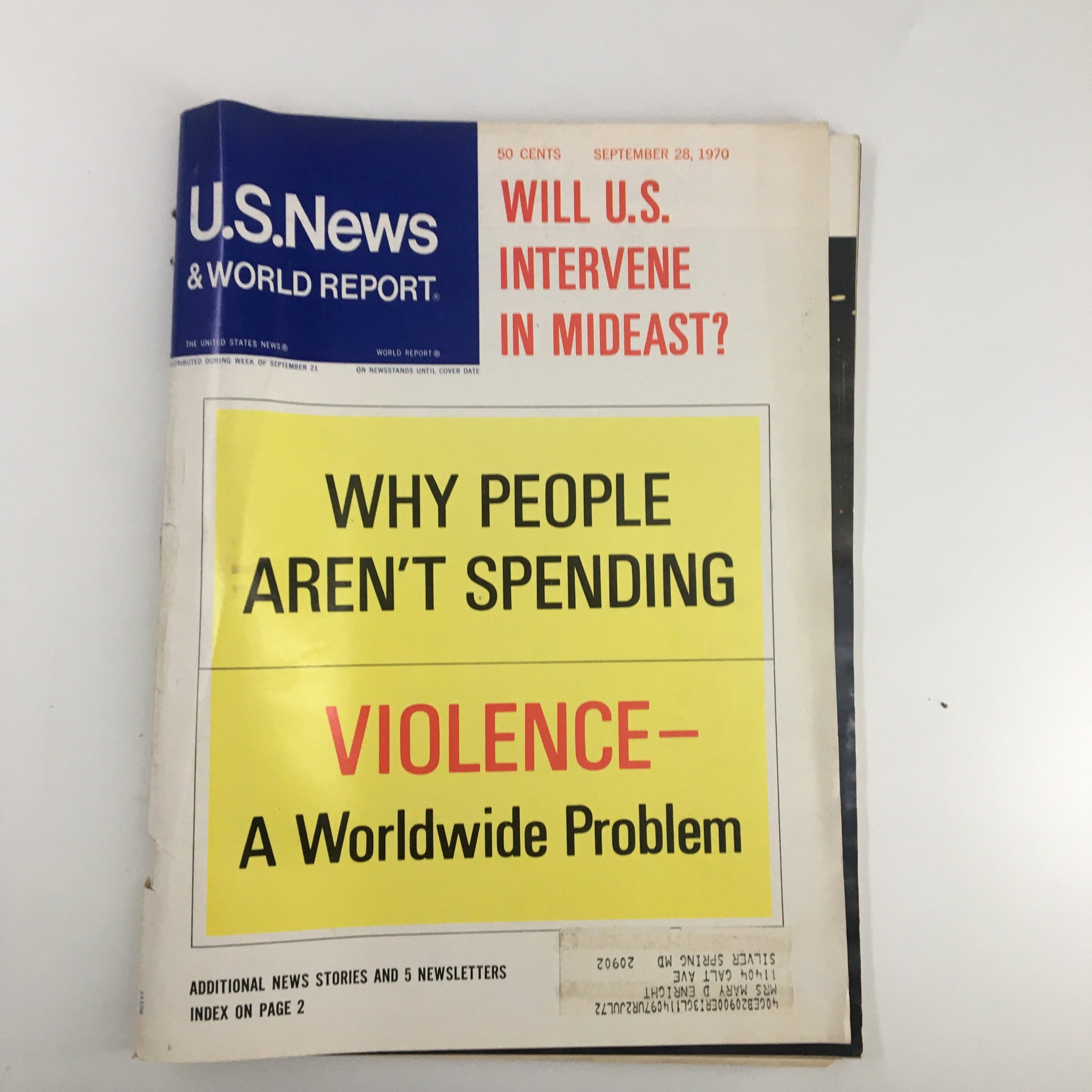 Cover of US News & World Report Magazine from September 28, 1970, featuring the headline 'Violence: A Worldwide Problem' and discussing global issues of violence and spending, showcasing a vibrant yellow and black design with a prominent date and magazine title.
