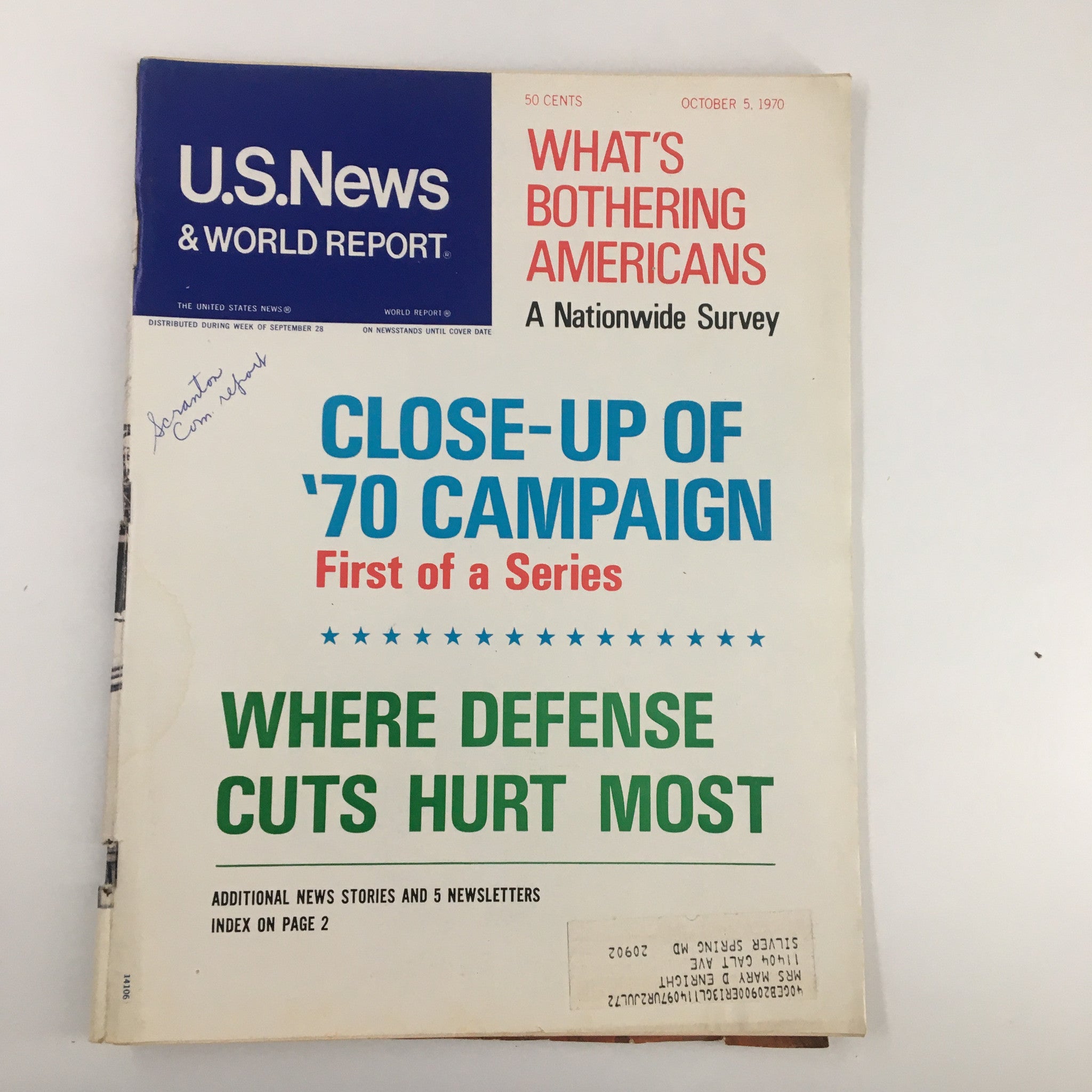 Cover of US News & World Report magazine from October 5, 1970, titled 'What's Bothering Americans.' The magazine features headlines about the 1970 campaign and societal issues.