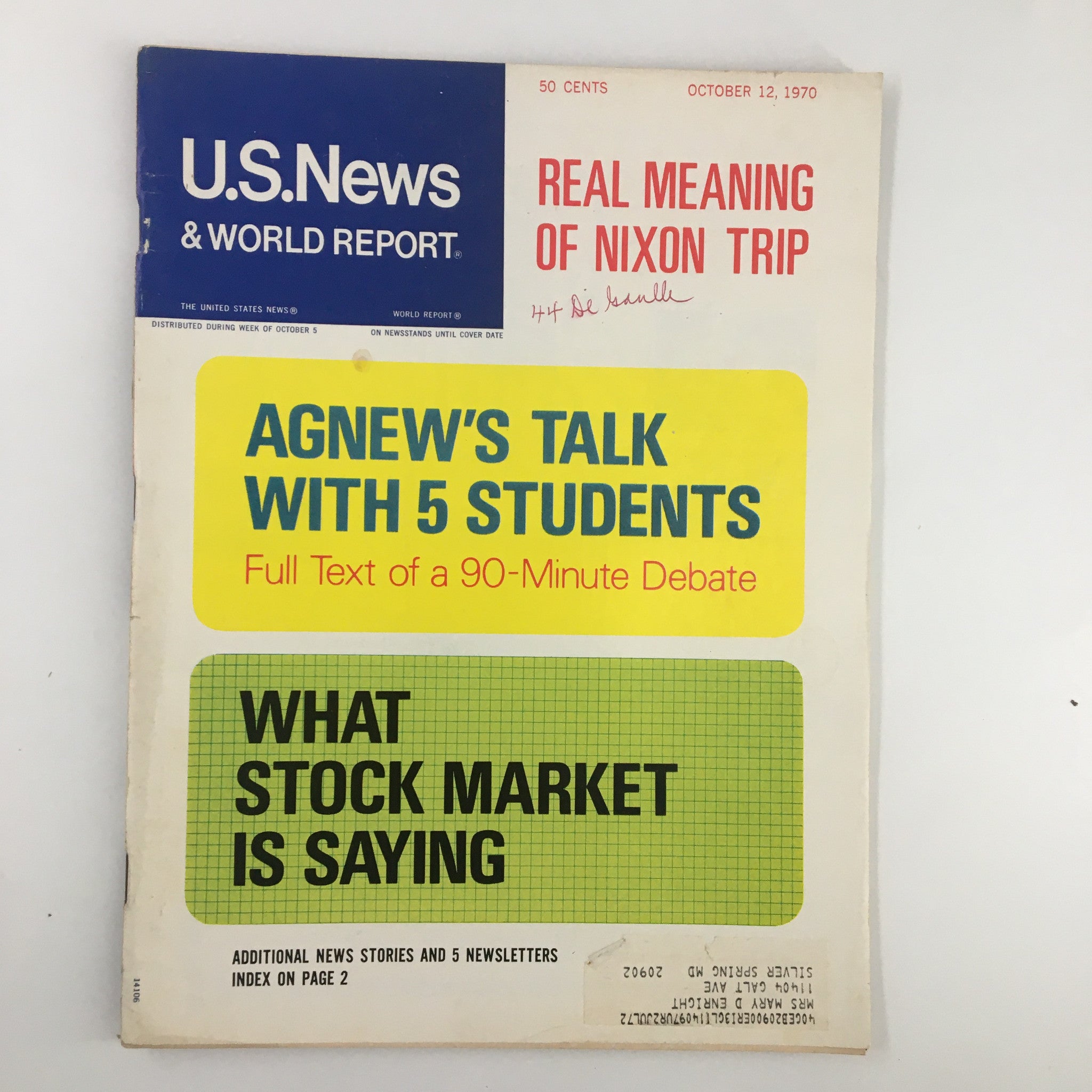 Cover of US News & World Report Magazine from October 12, 1970 featuring Spiro Agnew's talk with five students, highlighting a discussion on pressing issues and political discourse.