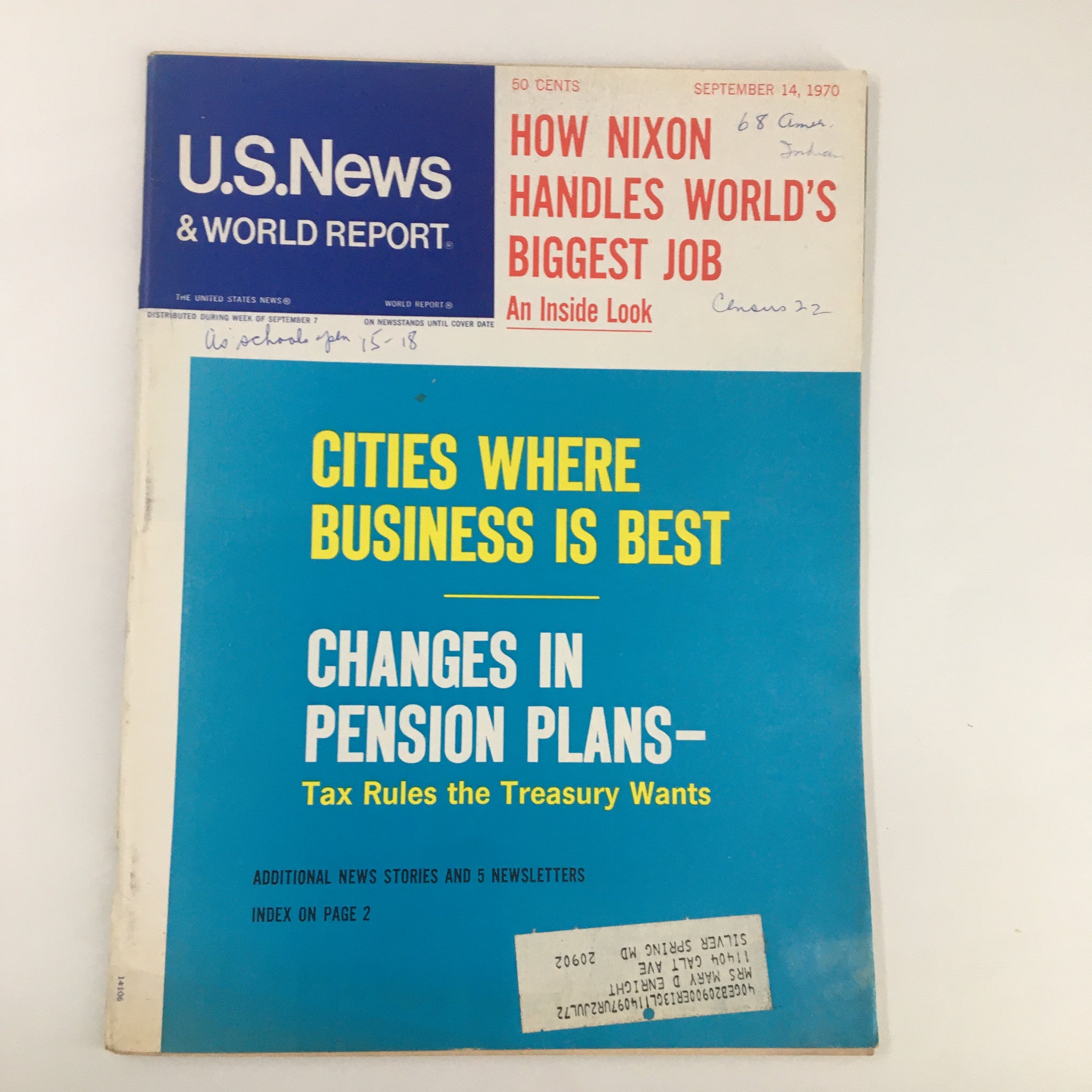 Cover of US News & World Report Magazine dated September 14, 1970, featuring the headline 'Changes in Pension Plans' along with additional topics such as 'How Nixon Handles World's Biggest Job' and 'Cities Where Business is Best', showcasing a vintage design iconic to the era.