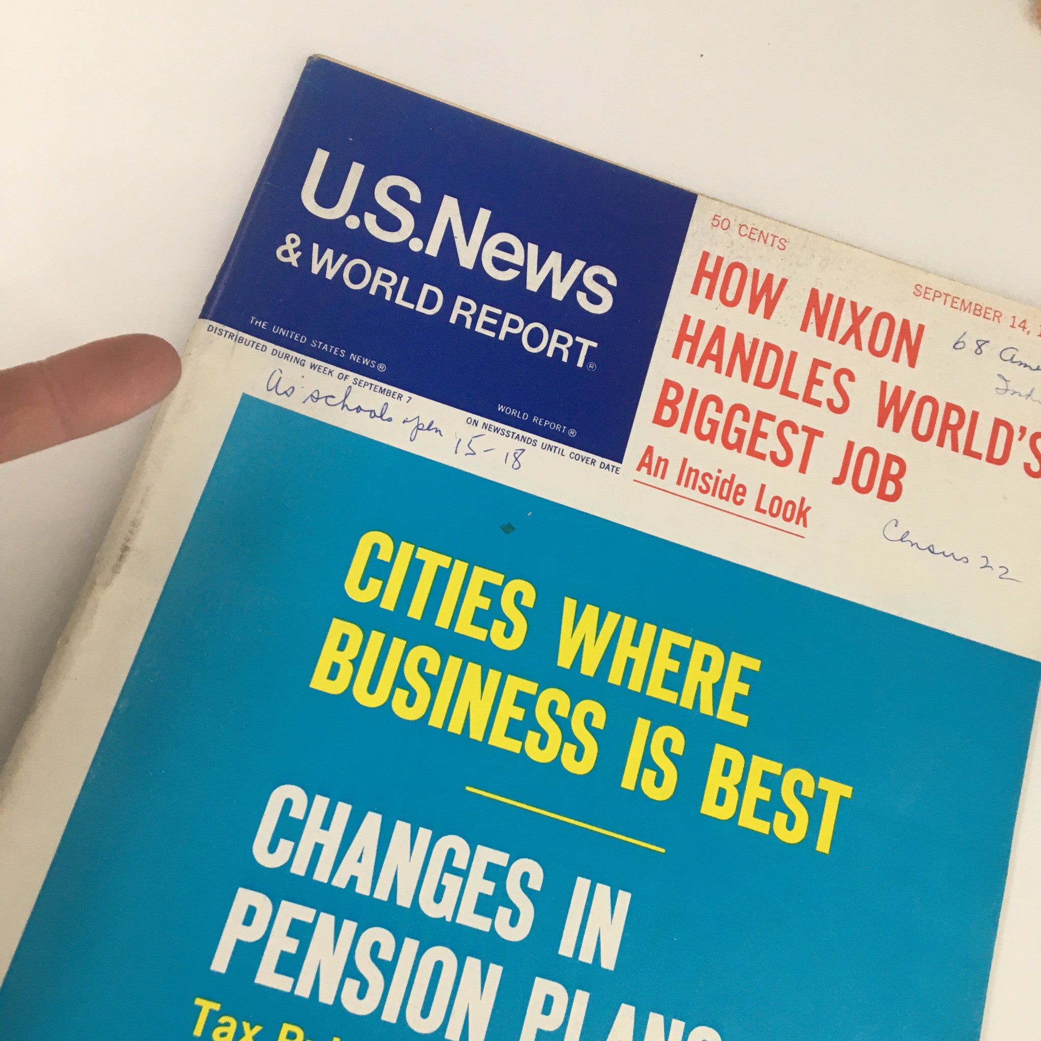 Cover of US News & World Report Magazine from September 14, 1970 featuring the title 'Changes in Pension Plans', with additional articles including 'How Nixon Handles World's Biggest Job'.