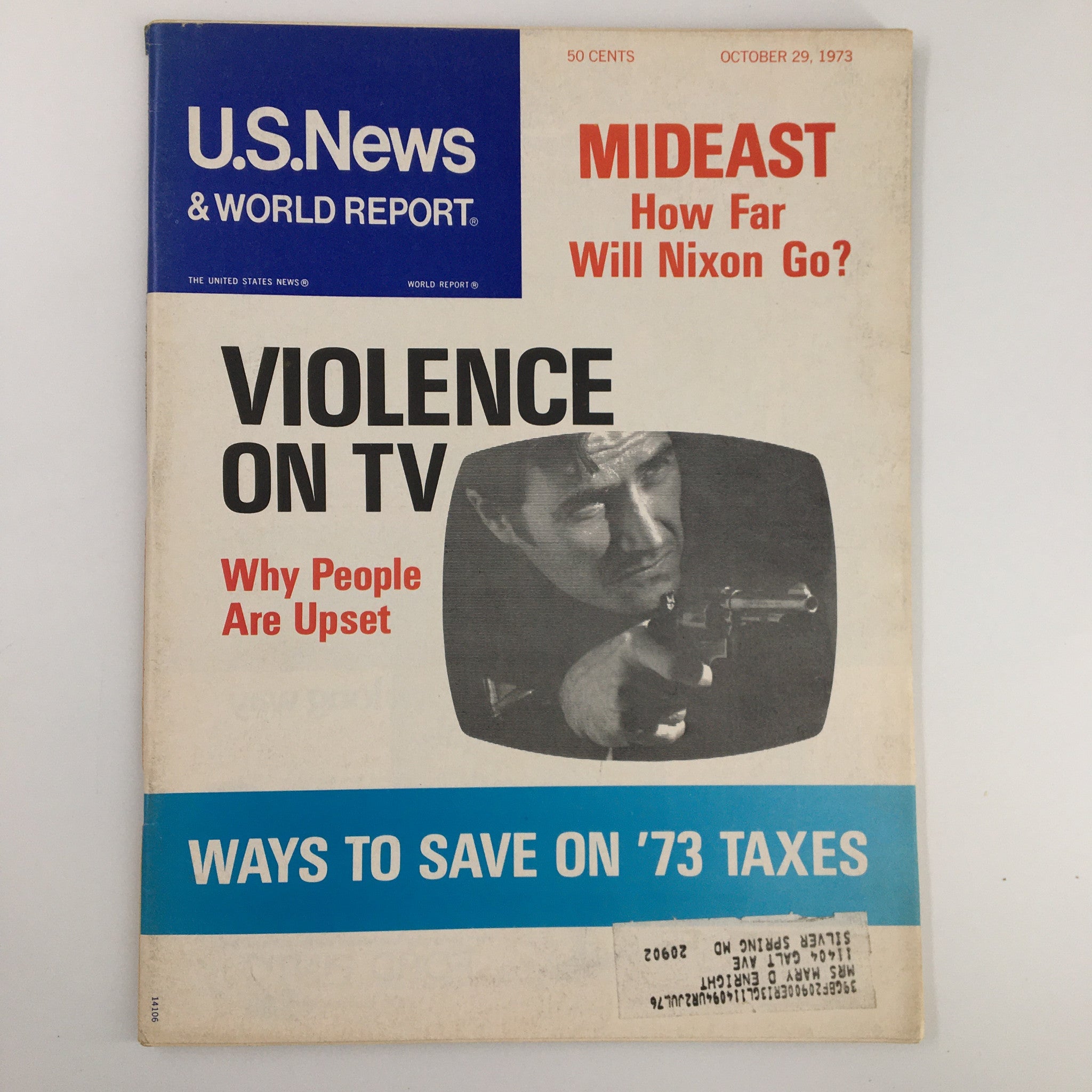Cover of US News & World Report Magazine dated October 29, 1973, featuring a headline on violence on TV and a focus on ways to save on '73 taxes.