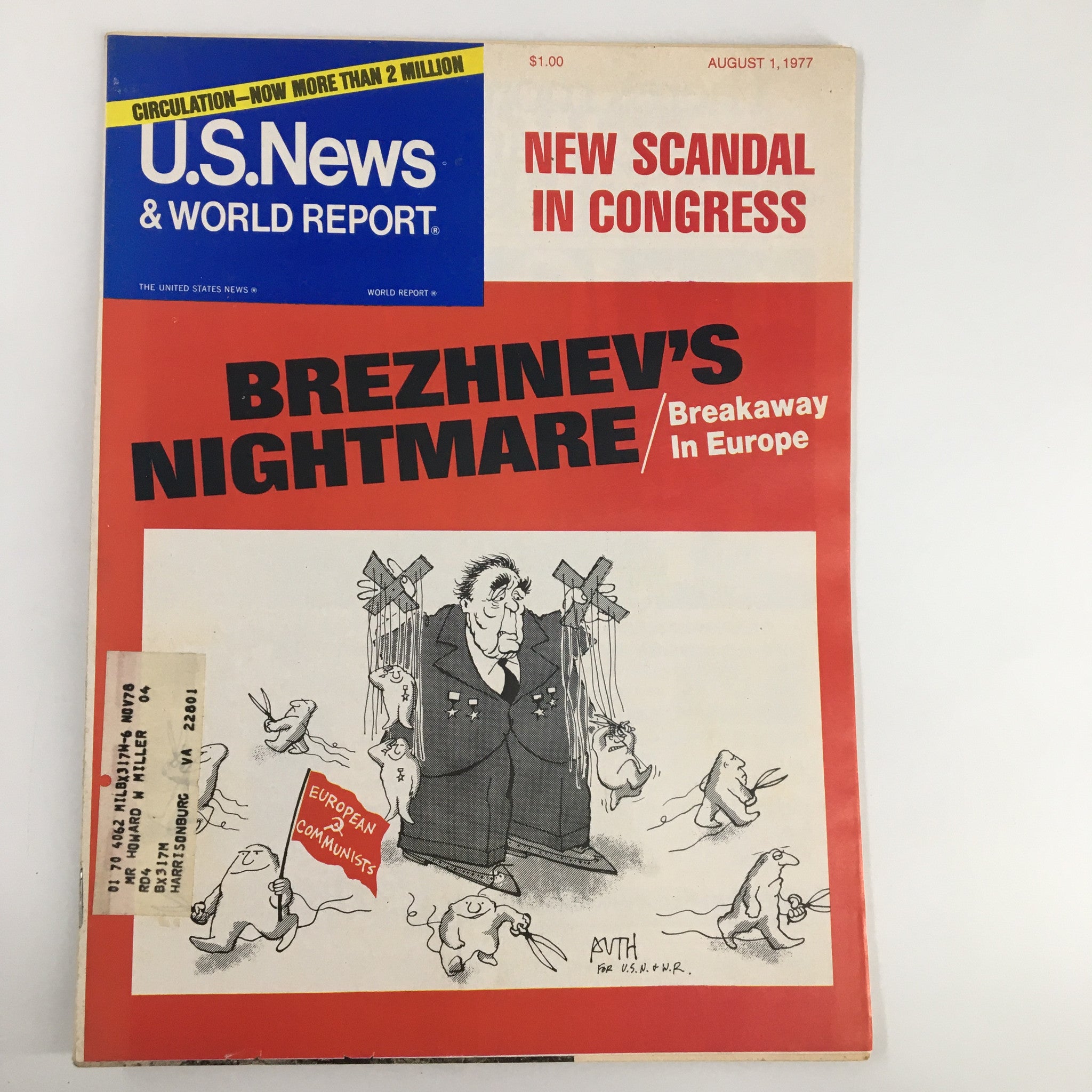 Cover of US News & World Report Magazine August 1 1977 featuring the caption 'Brezhnev's Nightmare' with a political cartoon depicting Leonid Brezhnev, reflective of Cold War tensions and geopolitical issues of the era.