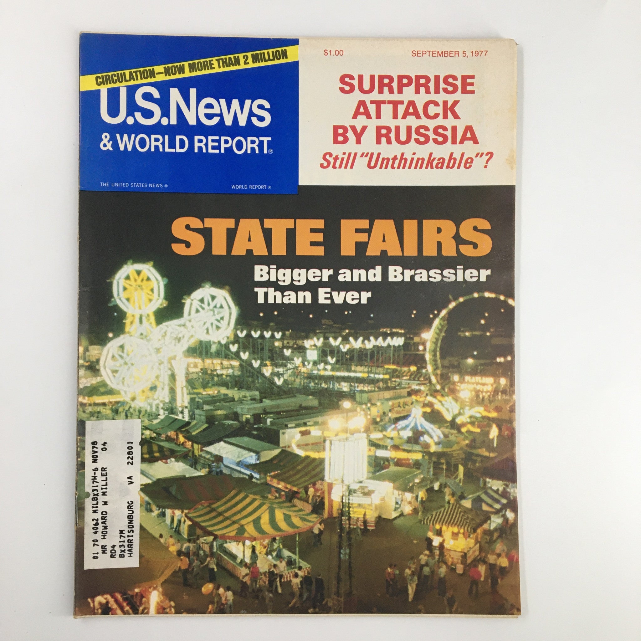 Cover of US News & World Report Magazine from September 5, 1977 featuring the headline 'Surprise Attack by Russia' and an image of State Fairs, highlighting the theme of global tensions during the late 1970s.