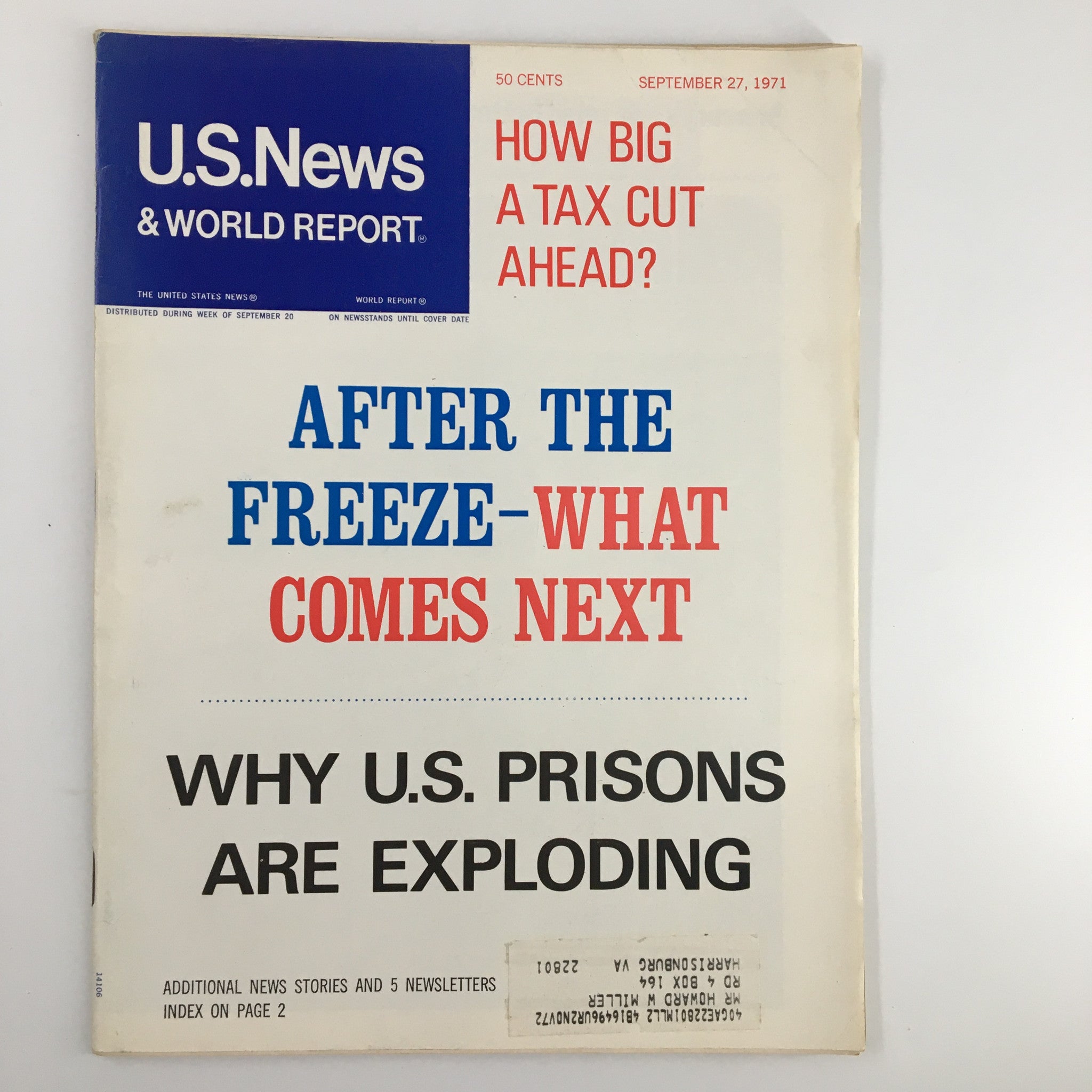 Cover of US News & World Report Magazine from September 27, 1971 featuring the headline 'How Big A Tax Cut Ahead?' along with the subheading 'After the Freeze - What Comes Next' and an article about U.S. prisons.
