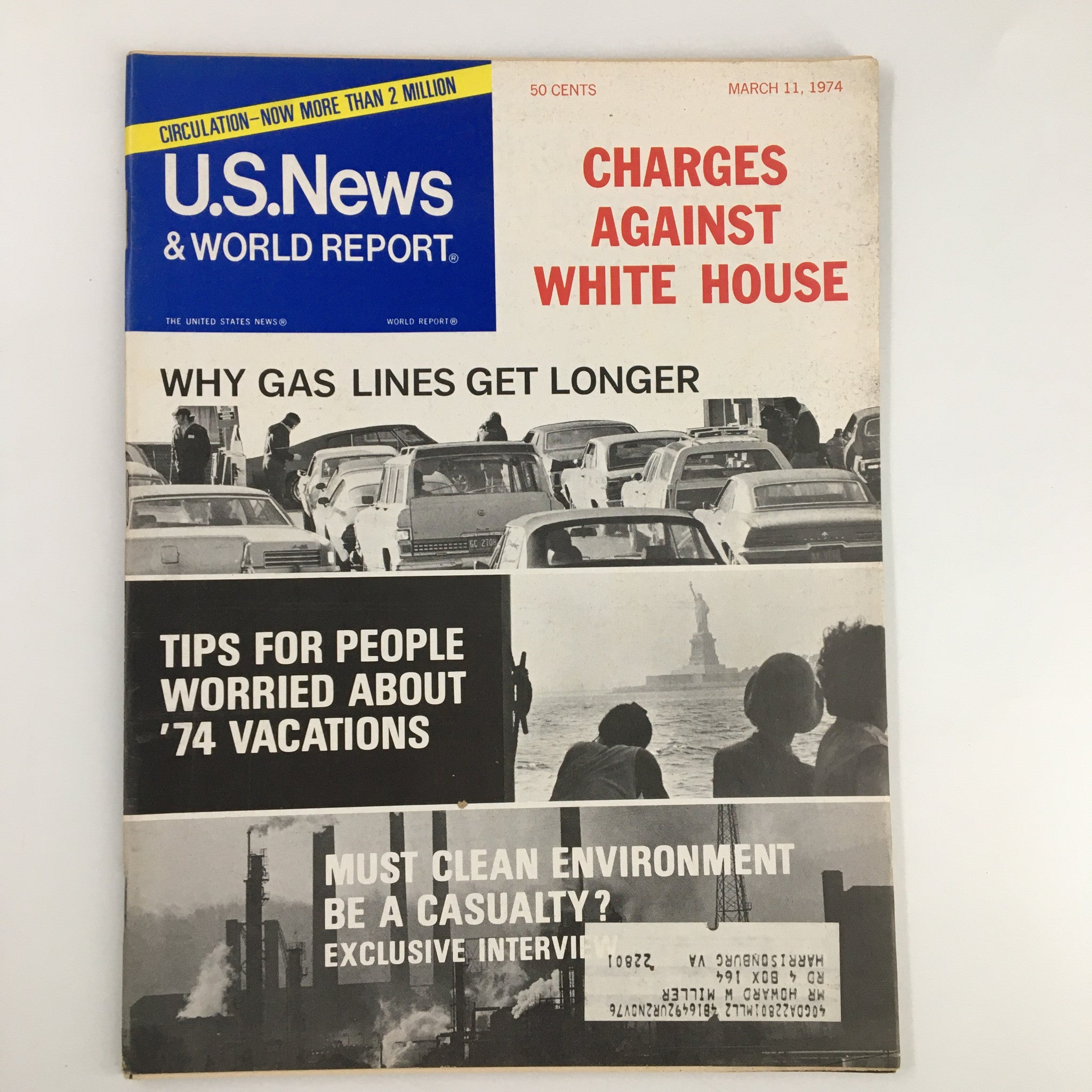 Cover of US News & World Report magazine from March 11, 1974, featuring the headline 'Charges Against White House', with articles about gas shortages and environmental issues, capturing the political climate of the early 1970s.
