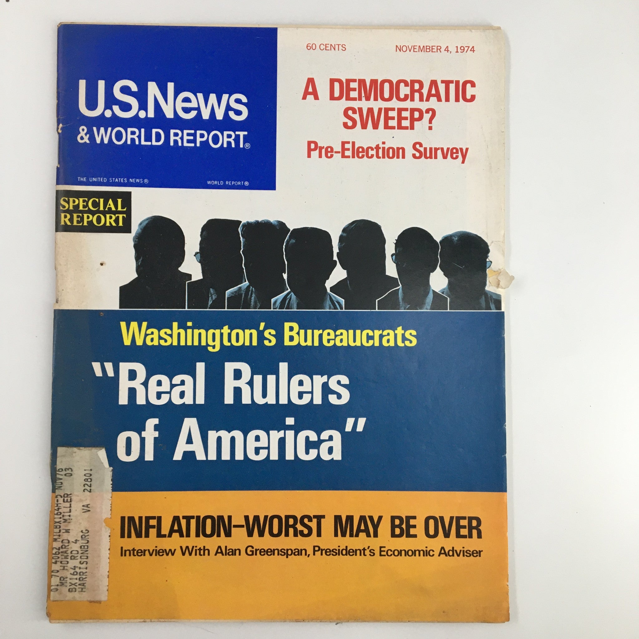 Cover of US News & World Report Magazine dated November 4, 1974, featuring the headline 'Real Rulers of America' and images of silhouetted figures representing Washington's bureaucrats.
