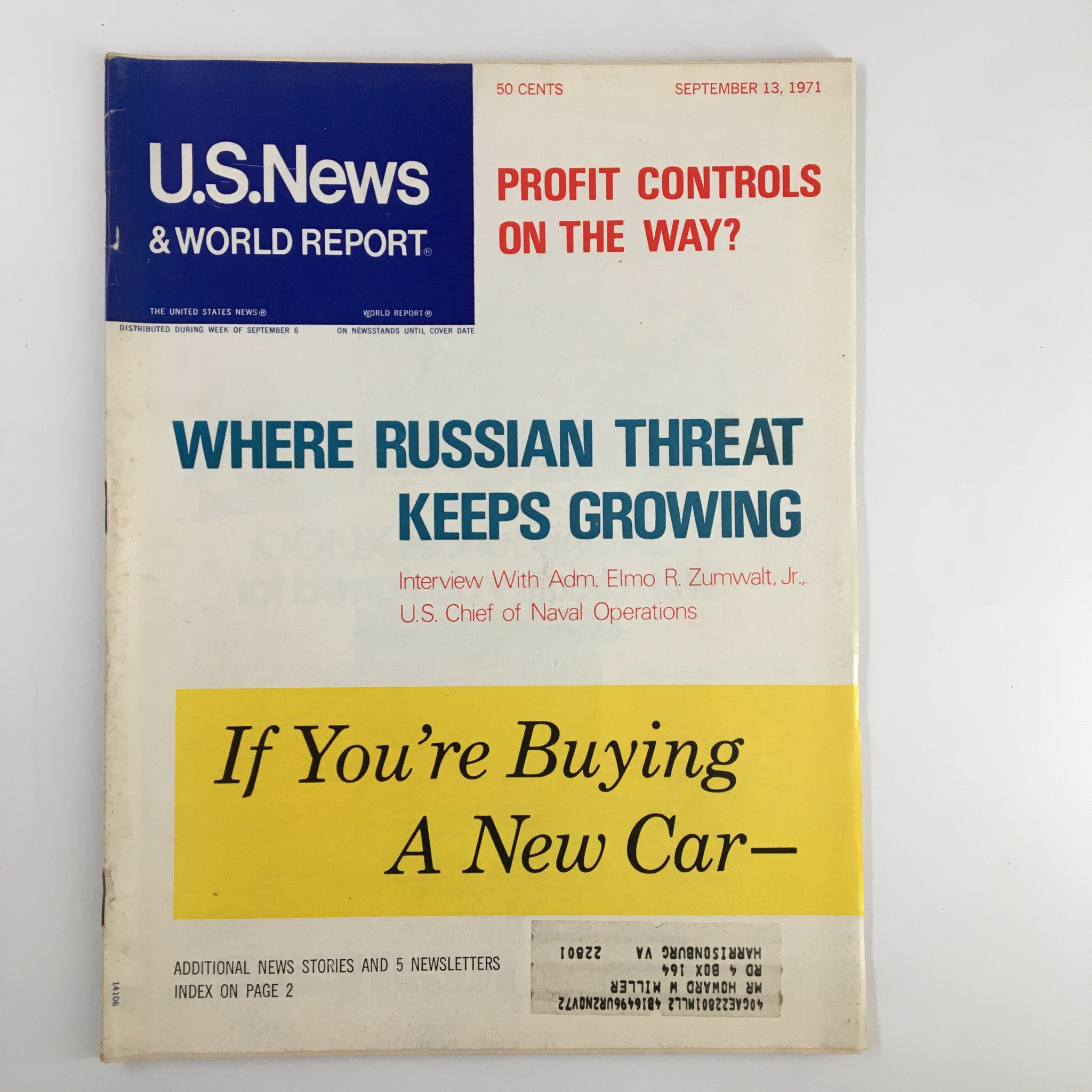 Cover of the US News & World Report magazine dated September 13, 1971, featuring the title 'Where Russian Threat Keeps Growing.' The cover highlights an interview with Adm. Elmo R. Zumwalt, Jr., U.S. Chief of Naval Operations. The magazine also poses a question about profit controls, indicating key geopolitical issues of the time.