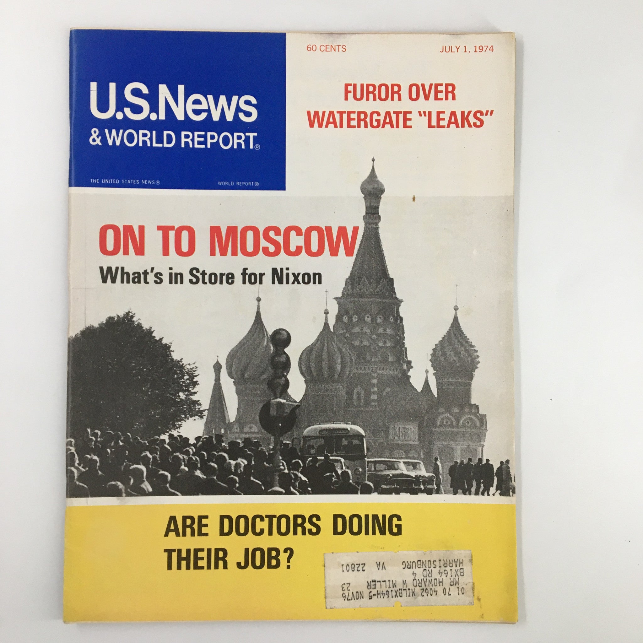 Cover of the US News & World Report Magazine dated July 1, 1974, featuring the headline 'Furor Over Watergate "Leaks"', with imagery related to Moscow and a crowd scene.