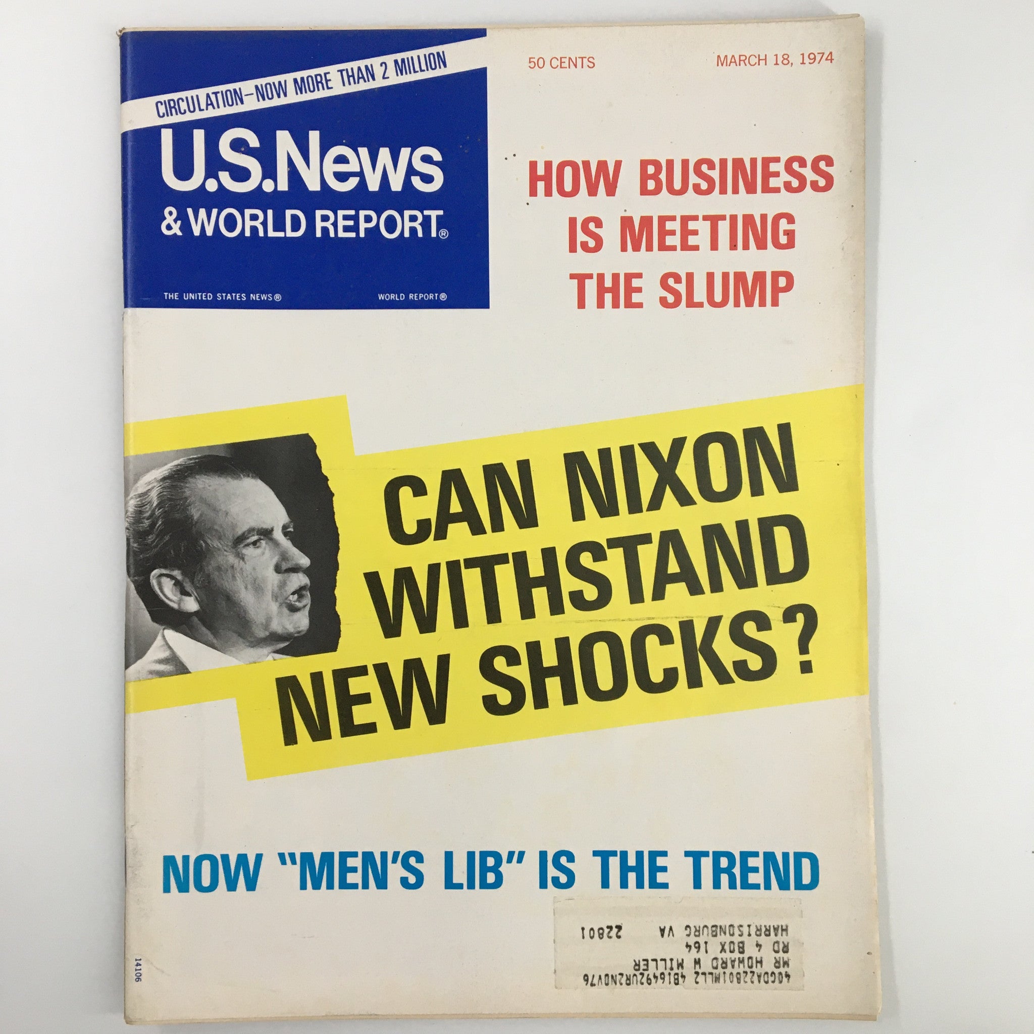 Cover of US News & World Report Magazine dated March 18, 1974, featuring bold headlines about Nixon and trends in Men's Lib.