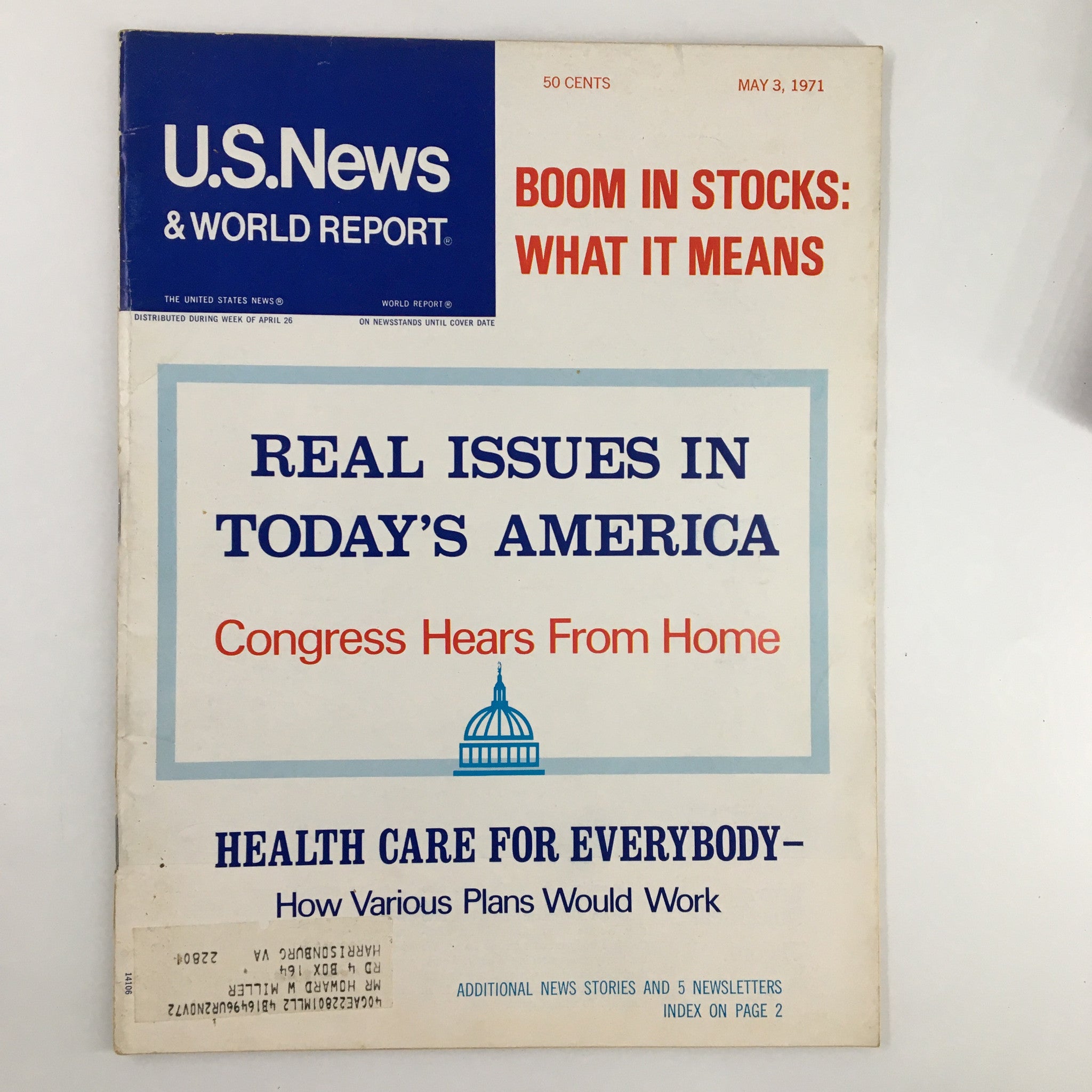 Cover of the US News & World Report Magazine from May 3, 1971, featuring the headline 'Boom in Stocks: What It Means,' along with 'Real Issues in Today's America' and articles about healthcare and Congress.