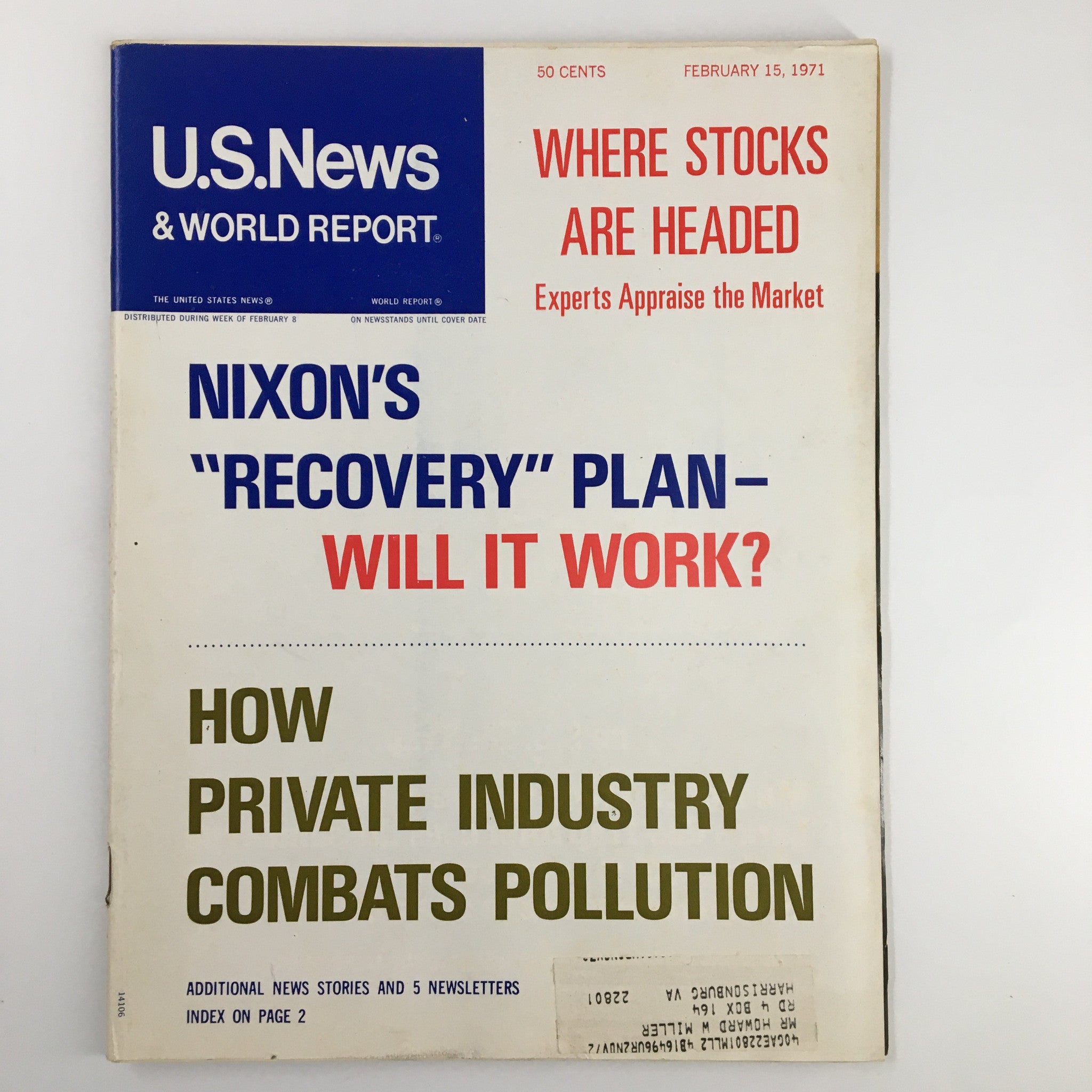 Cover of US News & World Report Magazine dated February 15, 1971 featuring an article on Richard Nixon's Recovery Plan and an analysis of market trends, including the headline 'Nixon's Recovery Plan - Will It Work?'