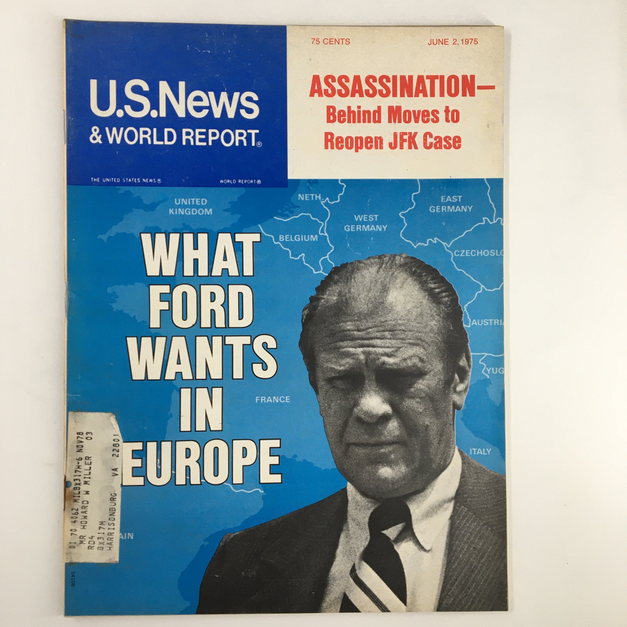 Cover of US News & World Report Magazine from June 2, 1975 featuring the headline 'What Gerald Ford Wants in Europe'. The cover includes a map of Europe and a portrait of Gerald Ford.