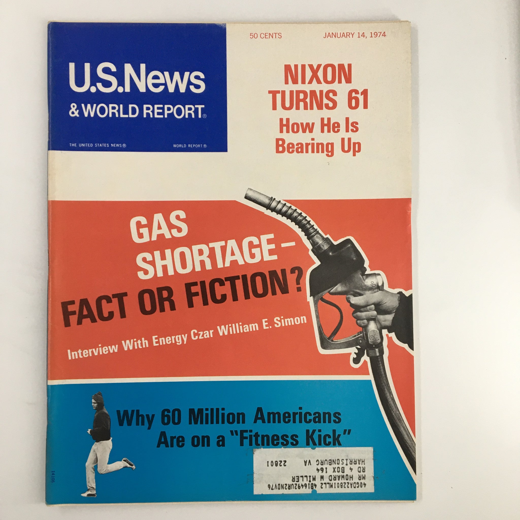 Cover of US News & World Report Magazine from January 14, 1974, featuring the title 'Gas Shortage: Fact or Fiction?' with a visual of a gas pump nozzle, alongside a section titled 'Nixon Turns 61'. This vintage magazine captures a pivotal moment in American history during the 1970s fuel crisis.