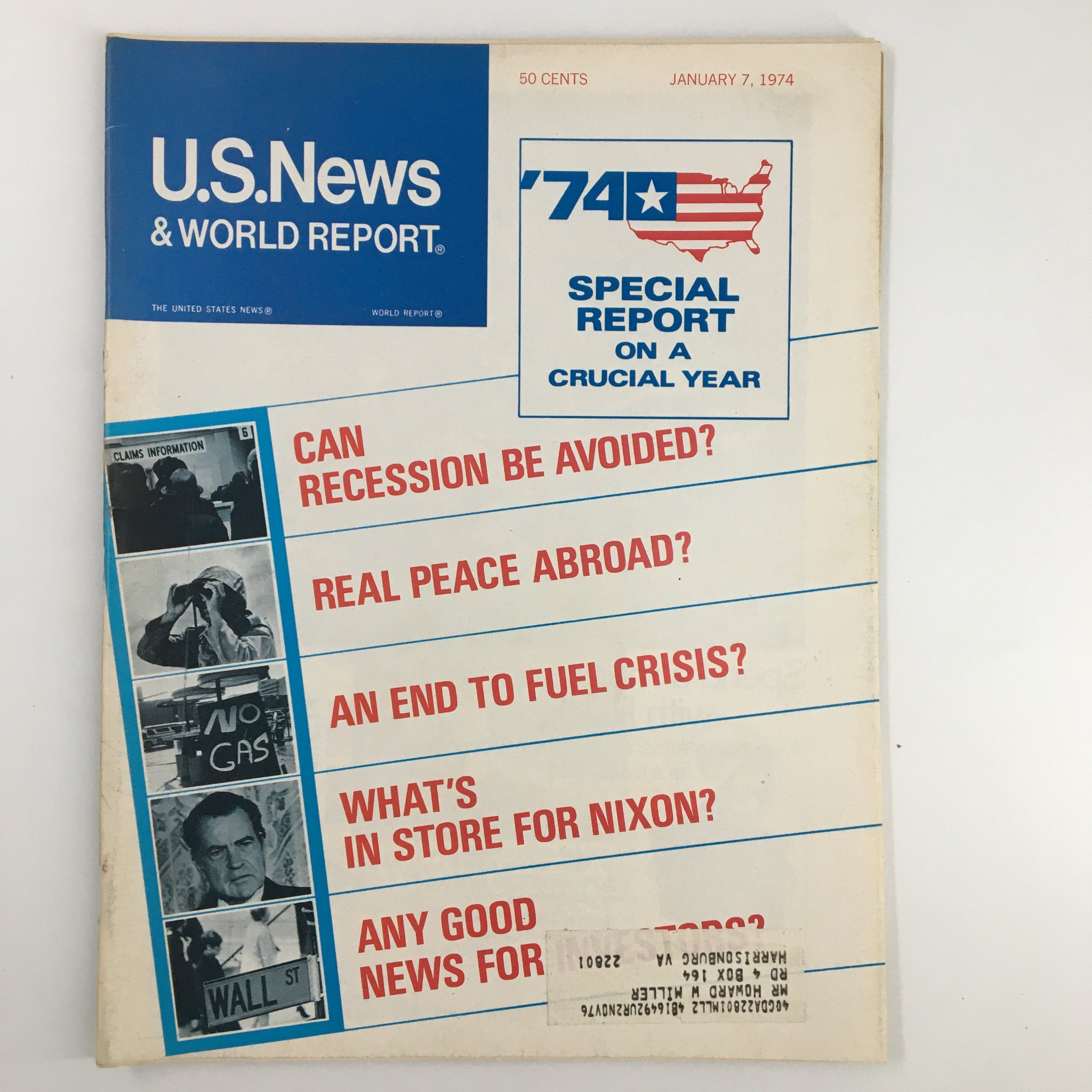 Cover of US News & World Report Magazine January 7, 1974 featuring the headline 'Can Recession Be Avoided?' alongside other topics like 'Real Peace Abroad?' and 'An End to Fuel Crisis?'. The magazine reflects on crucial economic discussions of the early 1970s.