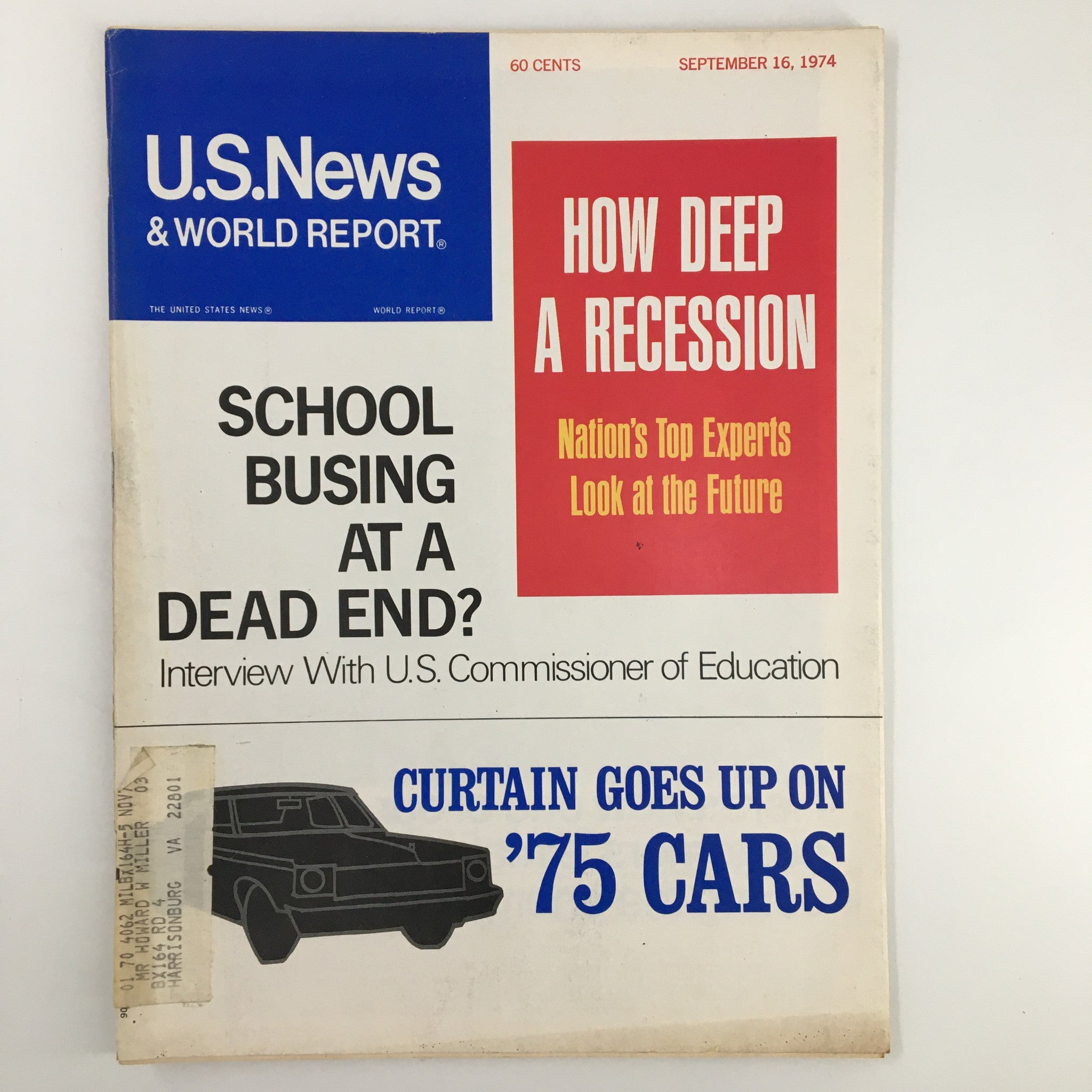 US News & World Report Magazine September 16 1974 cover featuring the question 'School Busing at a Dead End?' alongside the headline 'How Deep a Recession?' The magazine includes an interview with the U.S. Commissioner of Education and discusses pressing topics in American education and the economy.